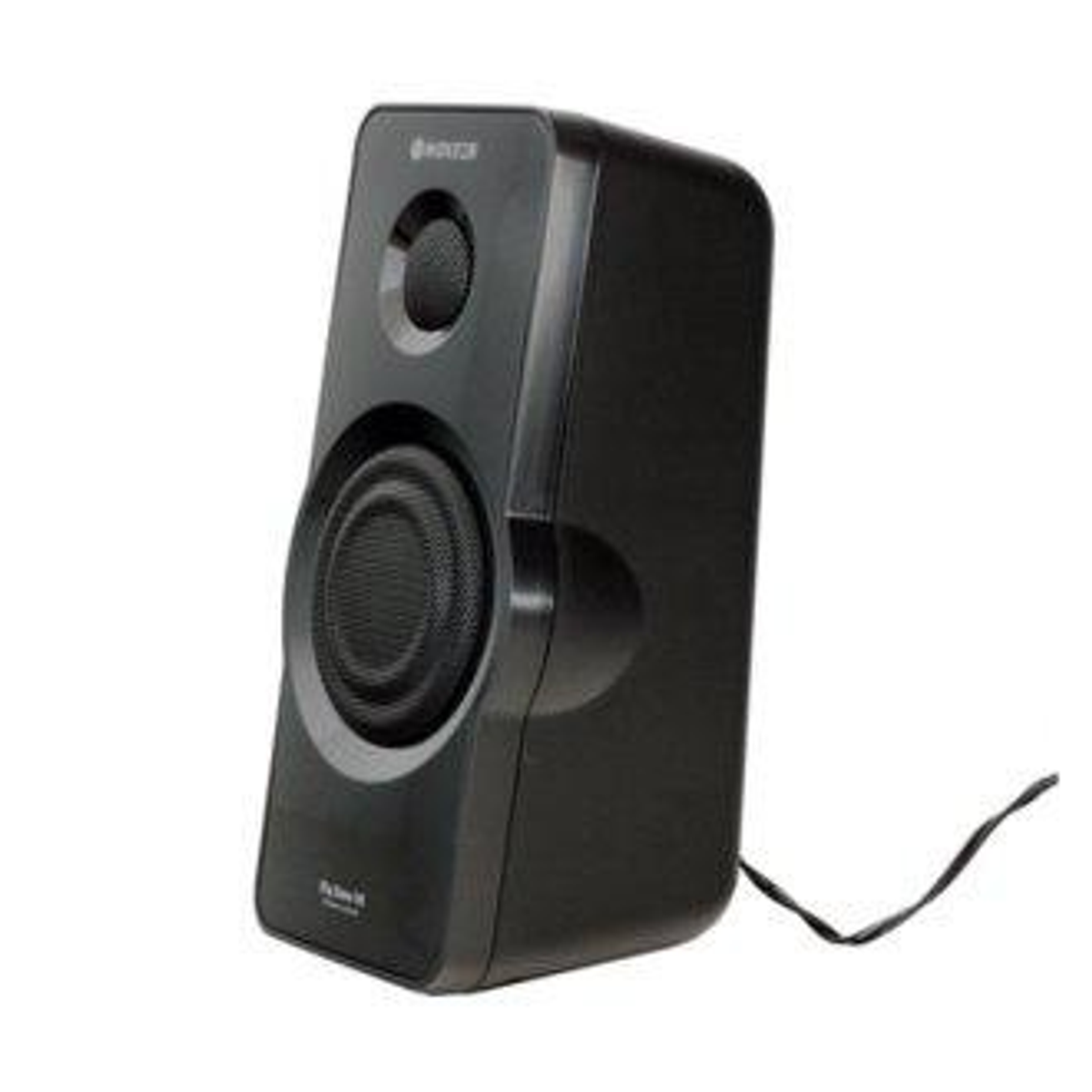 Altavoz negro. El altavoz tiene un altavoz redondo y otro más pequeño encima.