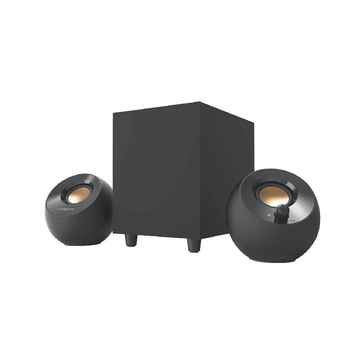 Conjunto de altavoces Creative negros: subwoofer y dos satélites con detalles dorados.