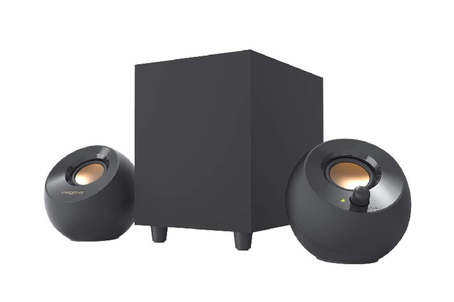 Un conjunto de altavoces Creative negros con un subwoofer y dos altavoces satélite, sobre un fondo blanco.