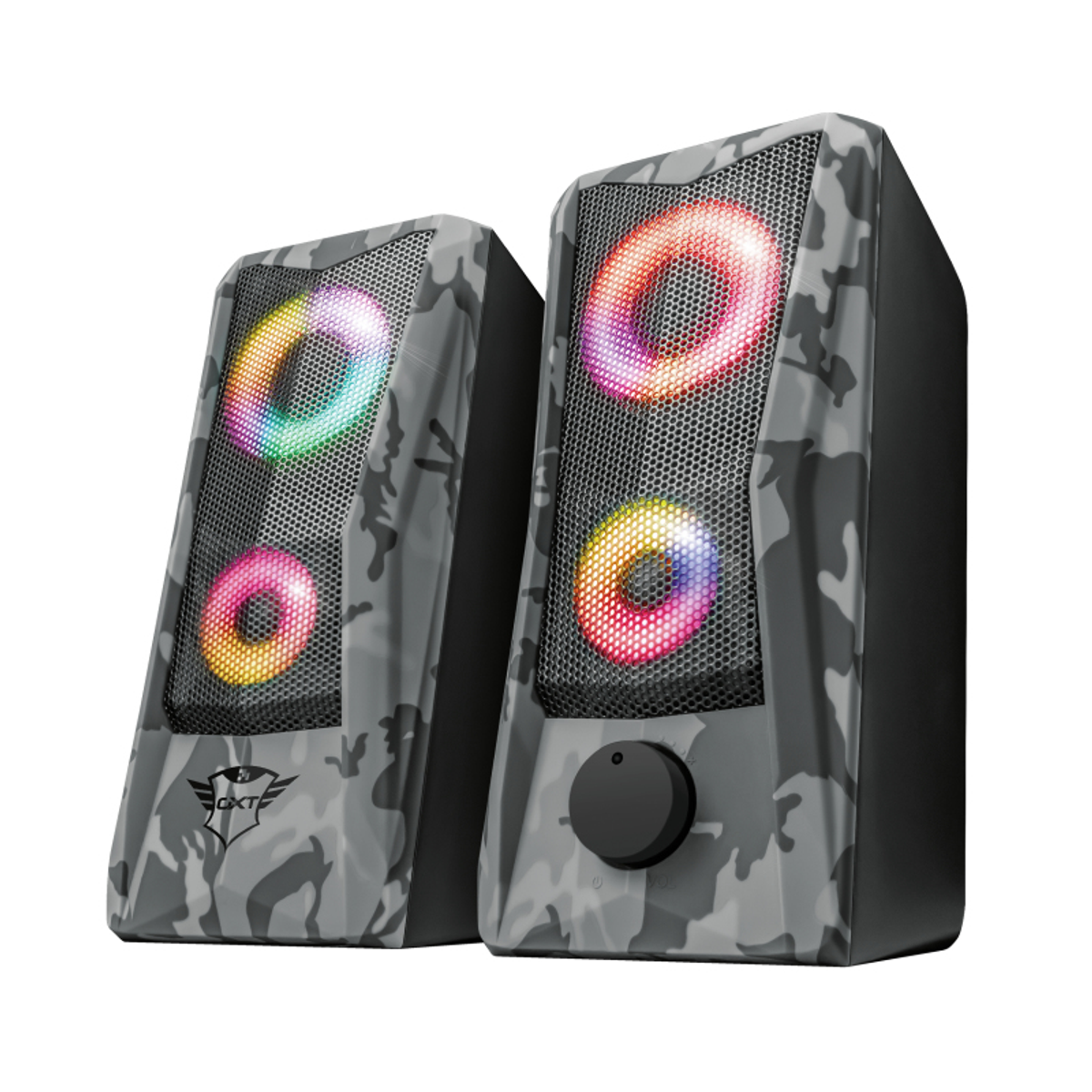 Due altoparlanti con motivo mimetico con luci colorate. Uno ha una manopola del volume.