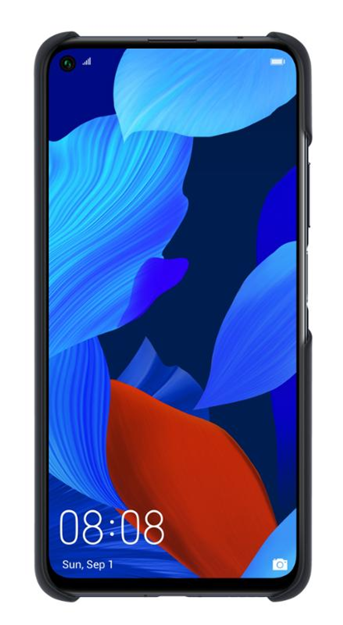 Smartfon w etui, wyświetlający niebieską abstrakcyjną tapetę, białe tło.