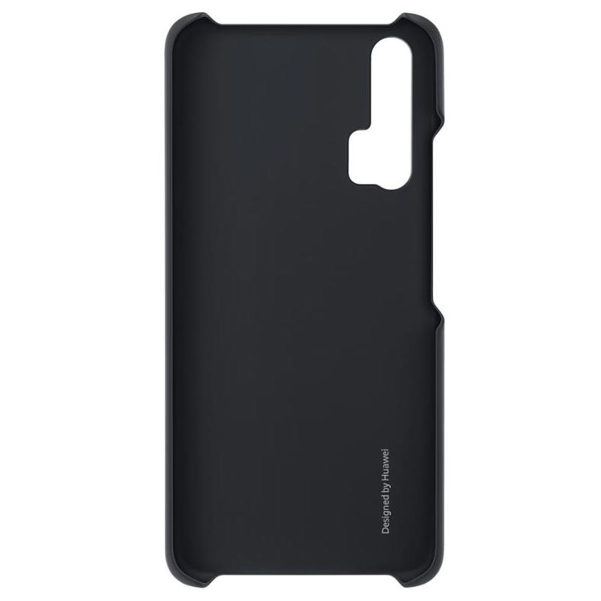 Czarne etui na telefon z wycięciem na aparat i tekstem 'Designed by Huawei'. Białe tło.