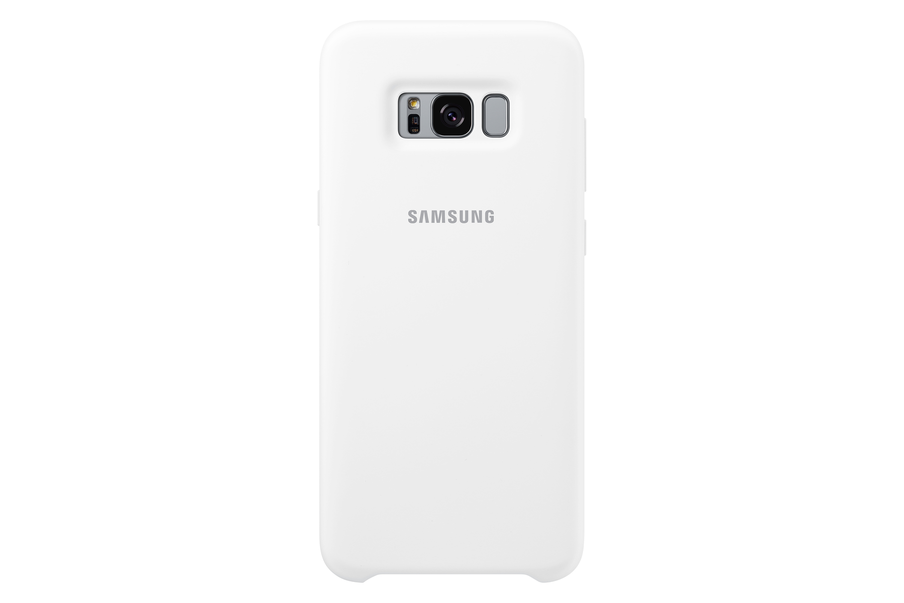 Telefono bianco con tripla fotocamera, logo Samsung, su sfondo bianco.