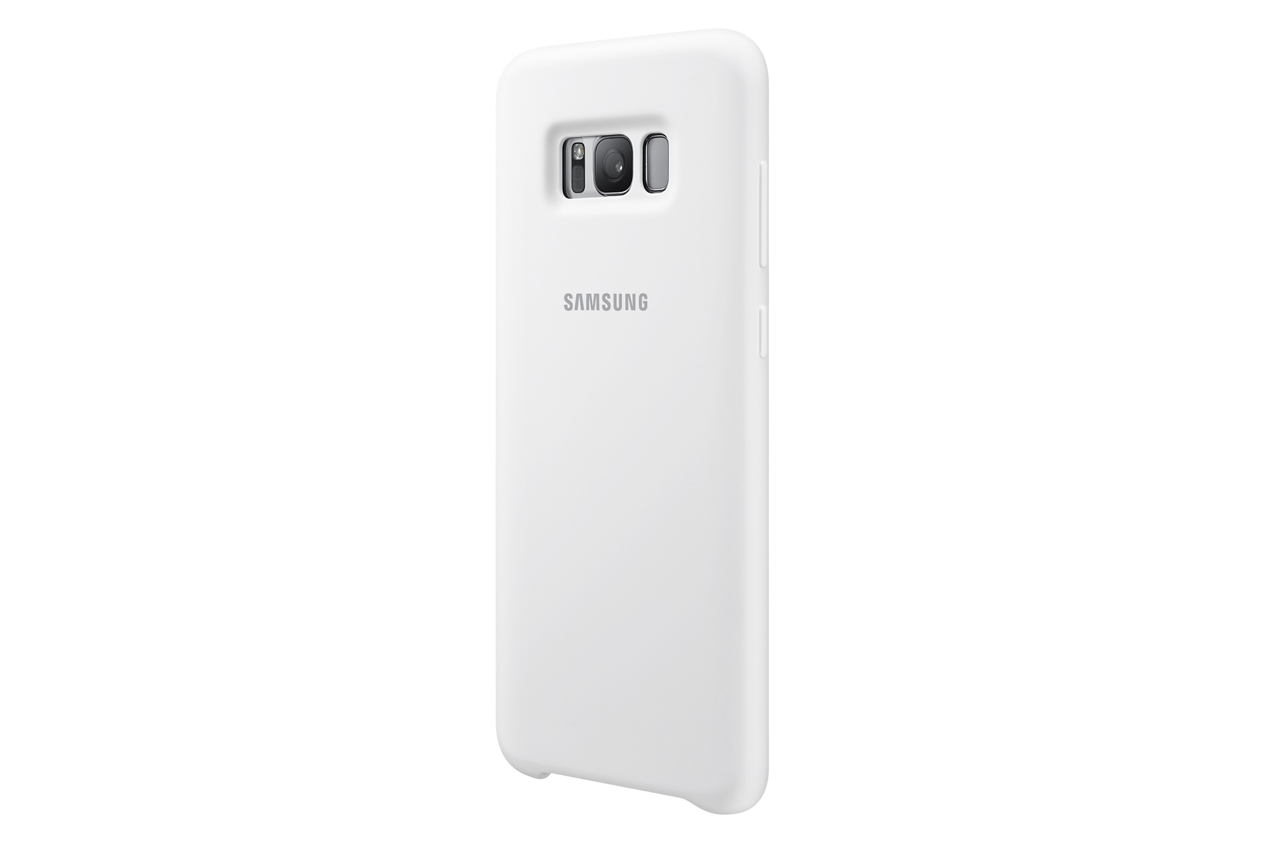 Una custodia bianca per telefono con il logo Samsung. La custodia è su uno sfondo bianco.