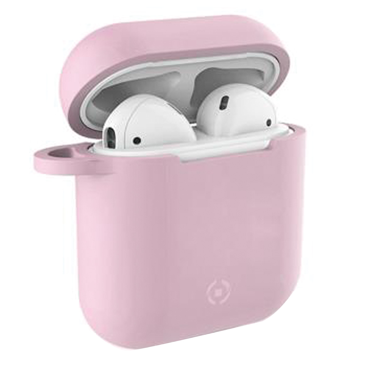 Custodia rosa per AirPods aperta, con due AirPods bianchi all'interno.