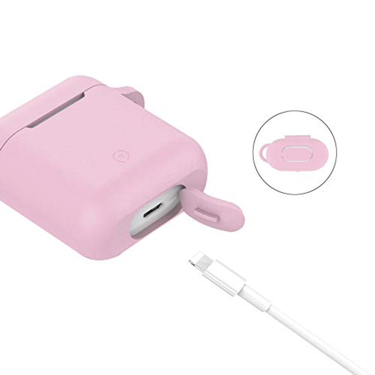 Custodia di ricarica rosa con cavo di ricarica. Cavo bianco inserito nella custodia.