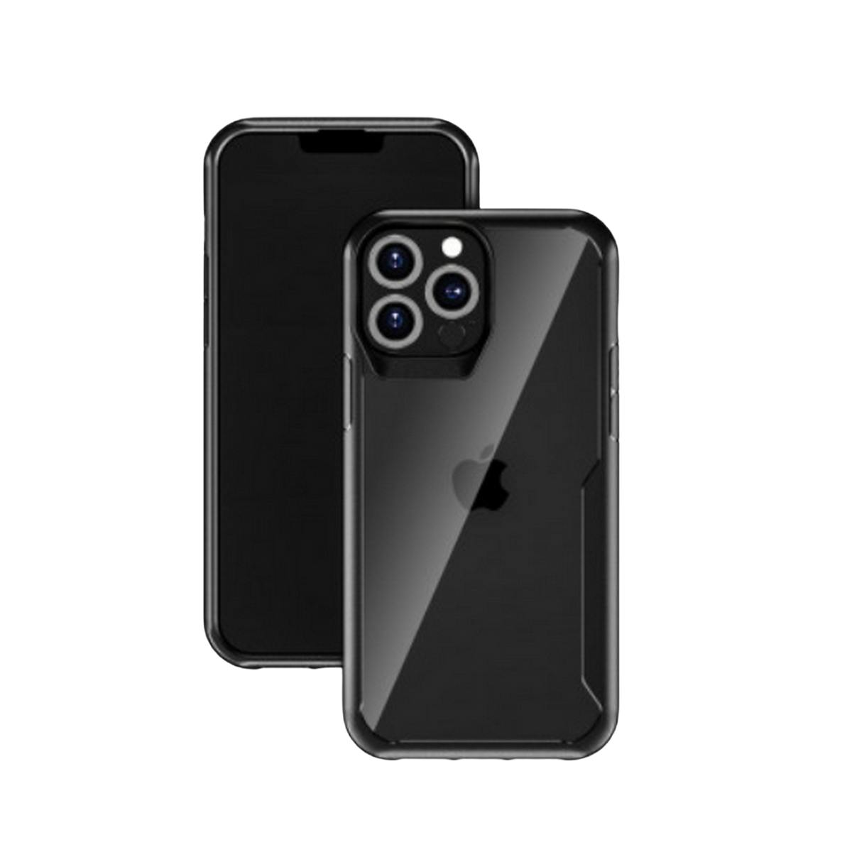 Dos teléfonos inteligentes negros. Uno con funda, otro sin ella. Fondo negro.