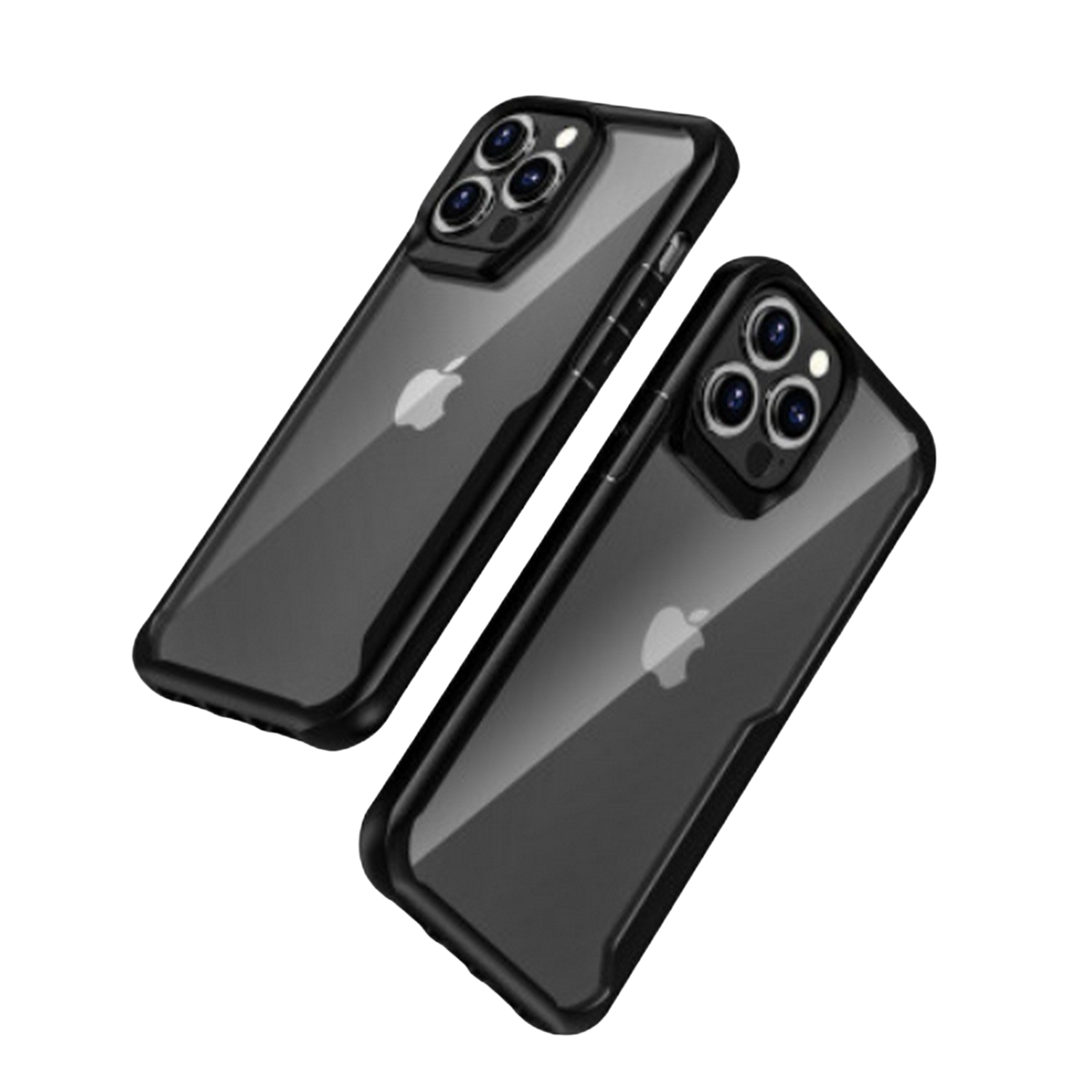 Dos fundas negras para iPhone con parte trasera transparente y marco negro. El logo de Apple es visible en ambas fundas.