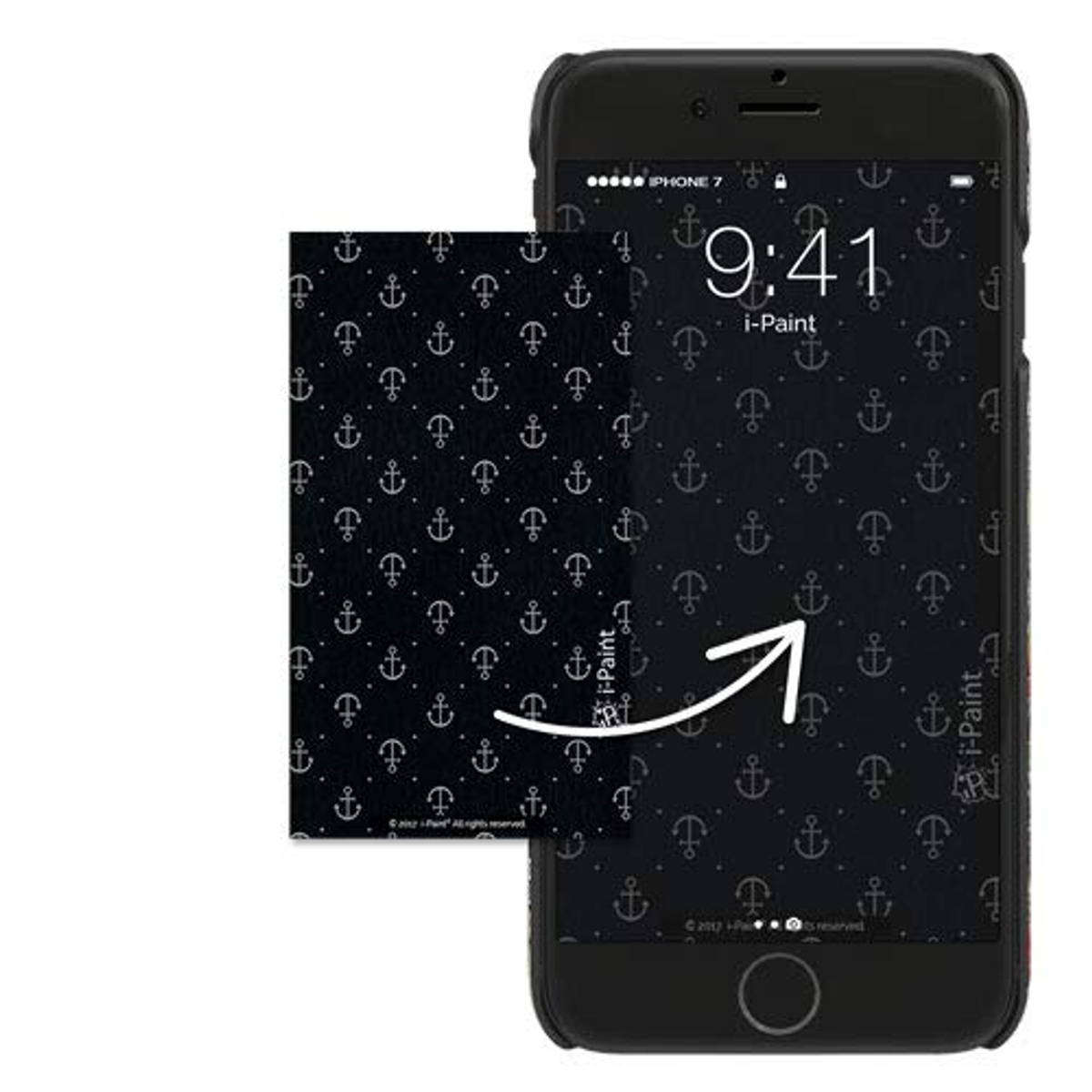 Teléfono negro con patrón de anclas en pantalla. Una flecha blanca apunta al diseño.