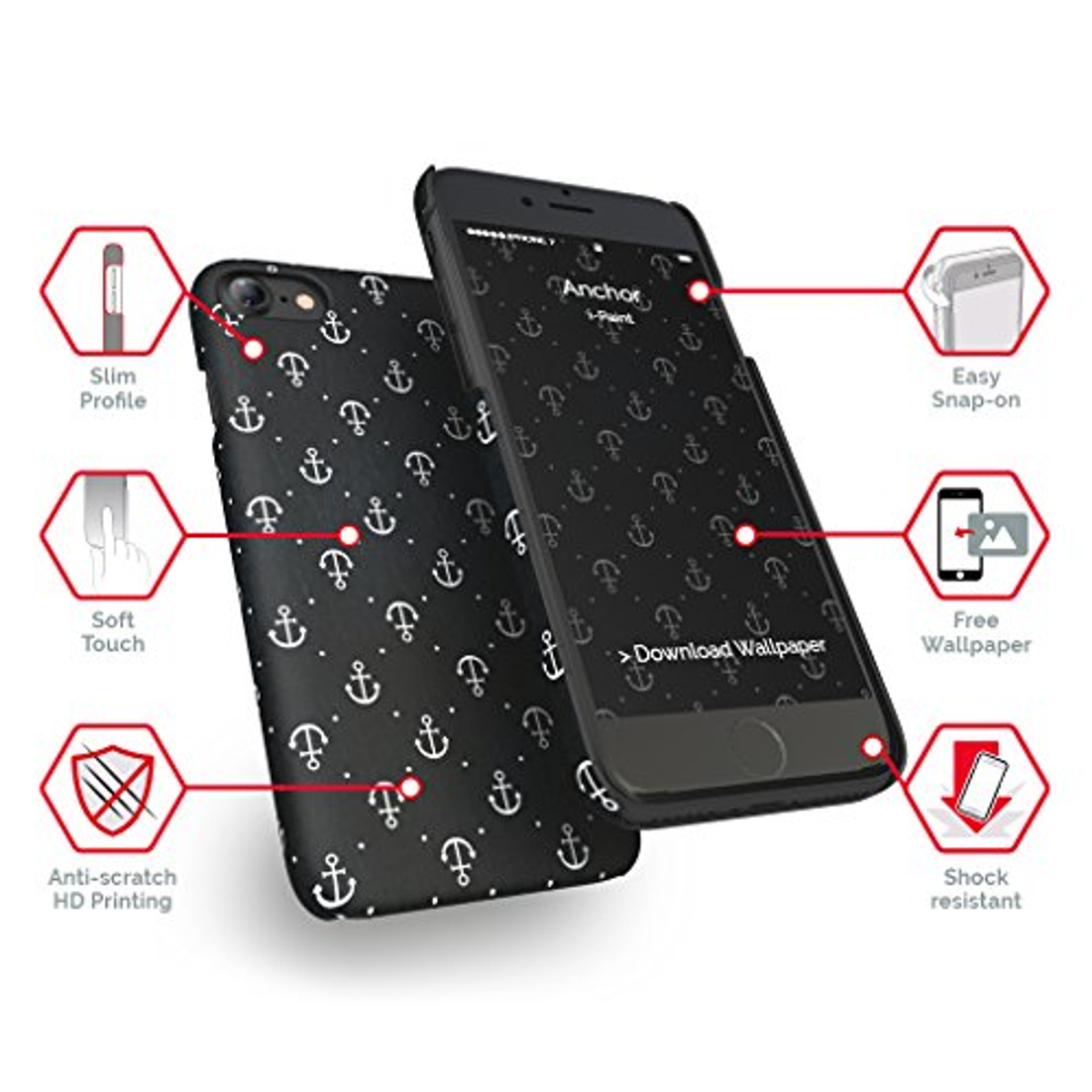 Fundas negras para teléfono con anclas blancas, rodeadas de iconos que ilustran características como el perfil delgado.