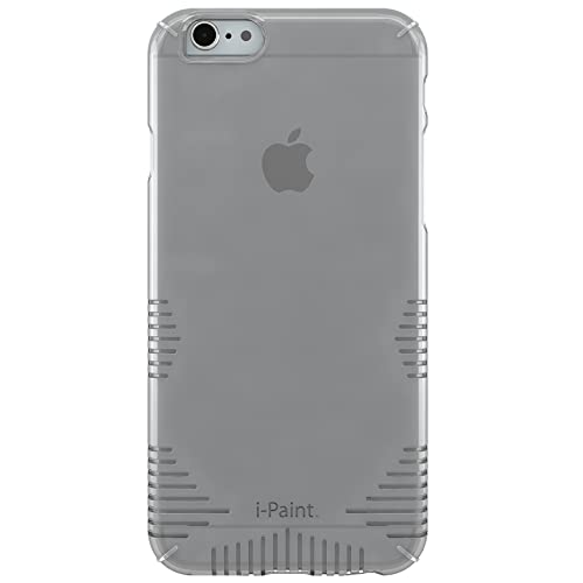 Funda transparente para iPhone. Teléfono gris dentro. Logotipo i-Paint abajo.