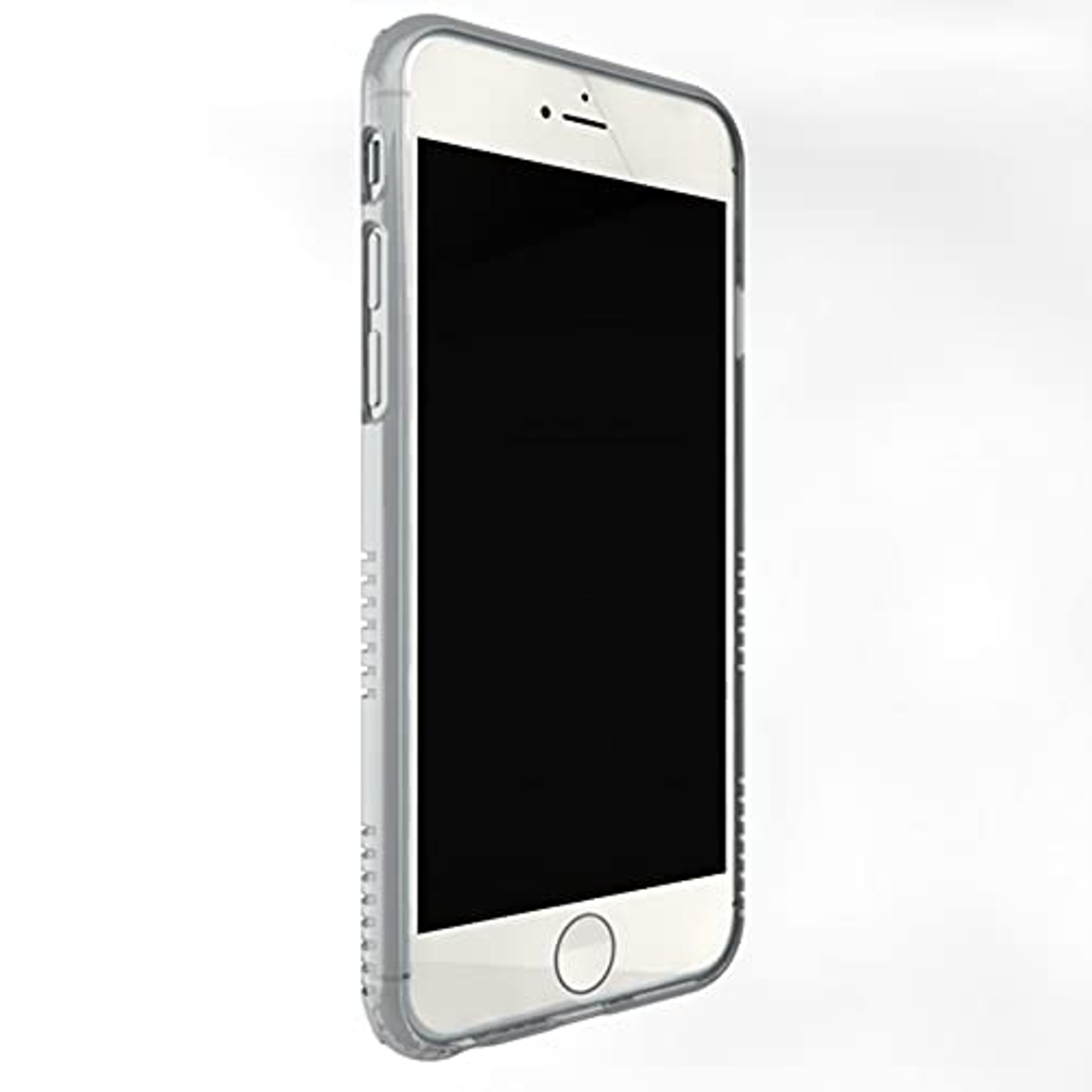 Funda transparente para teléfono en un teléfono blanco. Vista lateral muestra botones, borde y pantalla negra.