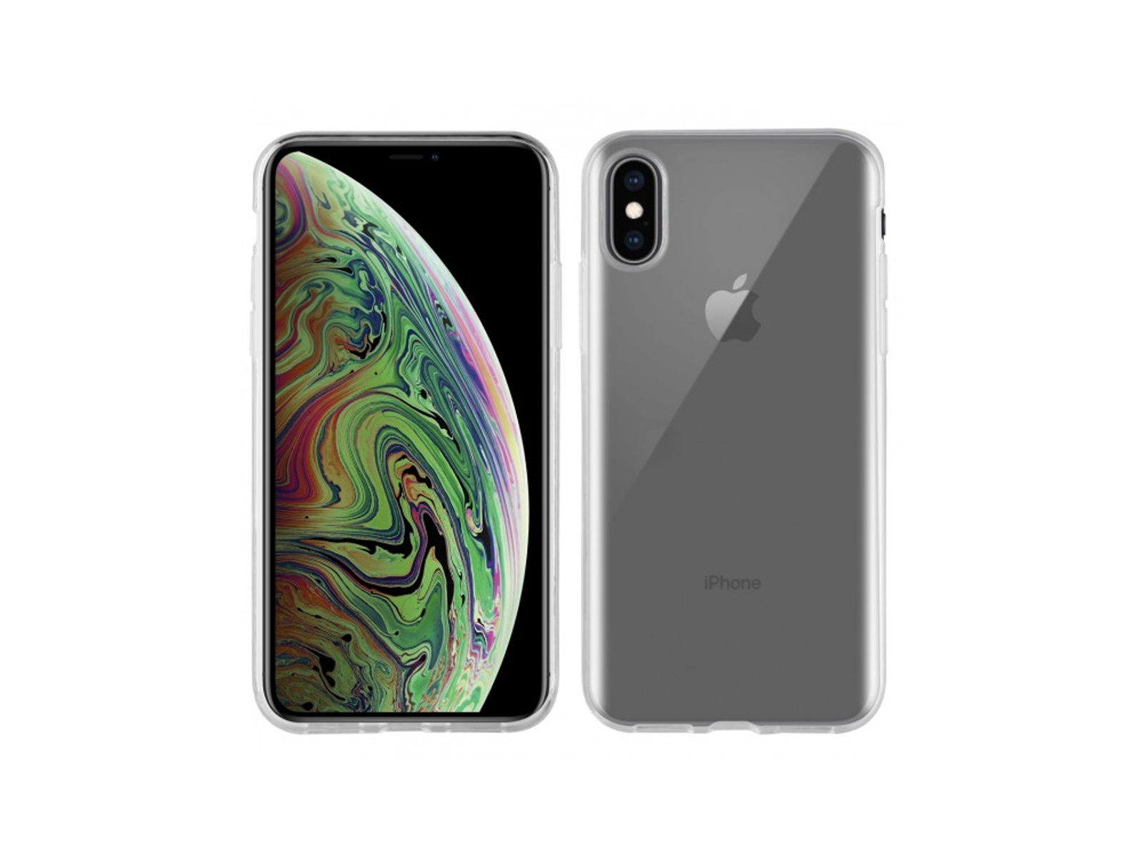 Dos teléfonos en fundas transparentes, uno mostrando la pantalla, el otro la parte trasera. Fondo blanco.