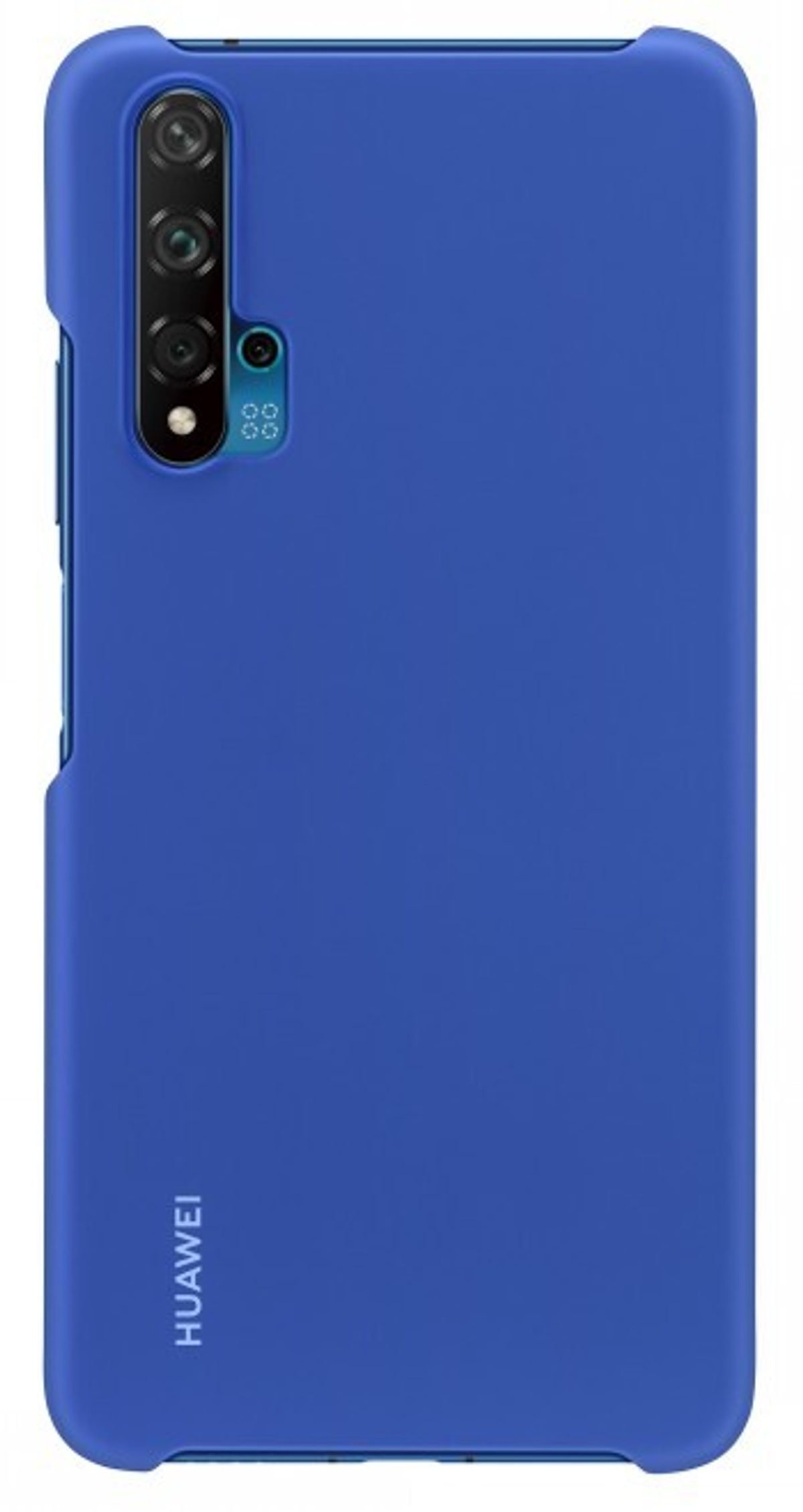 Funda azul para teléfono con recortes para cámara. Marca Huawei en la parte inferior. Fondo blanco.