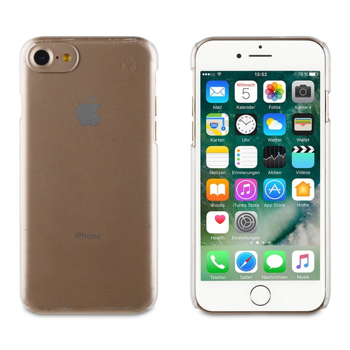 iPhone con custodia trasparente, che mostra retro e fronte, con app sullo schermo.