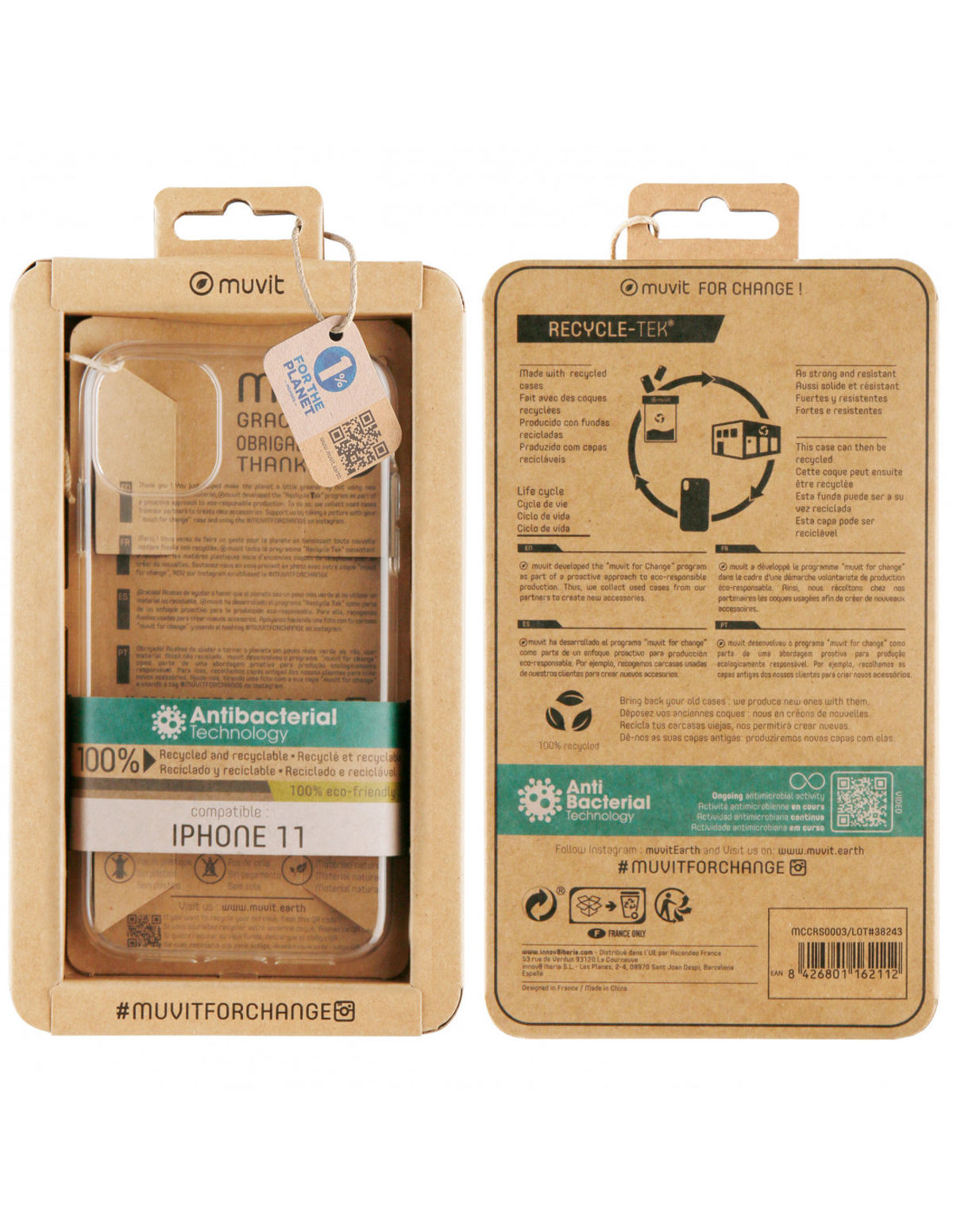 Embalaje de funda de teléfono, caja de cartón con funda dentro.