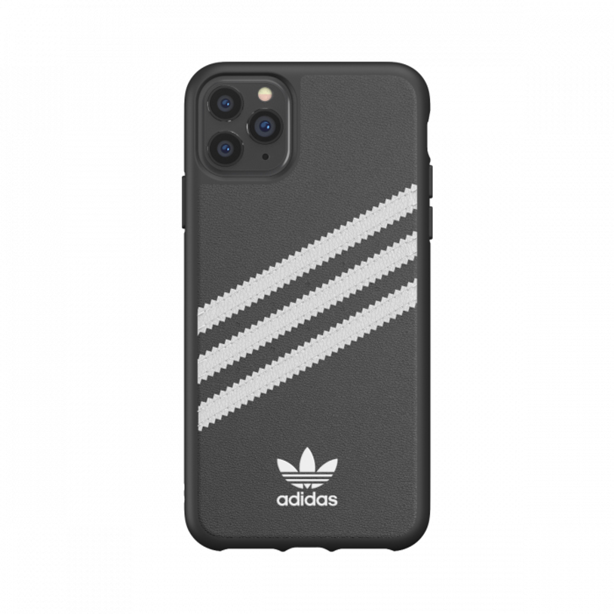 Schwarze Handyhülle mit weißen Adidas-Streifen und Logo. Die Hülle bedeckt die Rückseite des Telefons.
