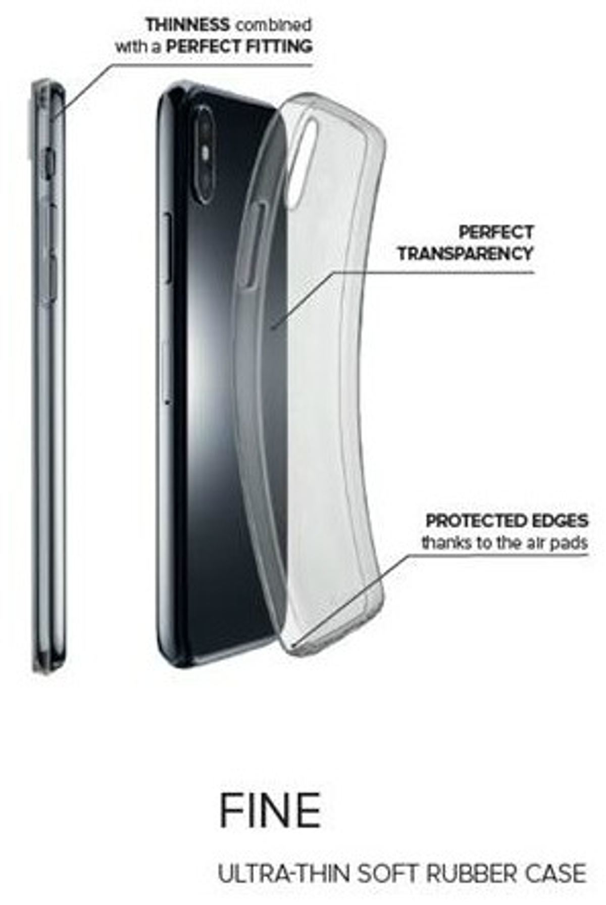 Una funda de smartphone, que muestra el lateral, y un teléfono. La funda es transparente y el teléfono es negro.