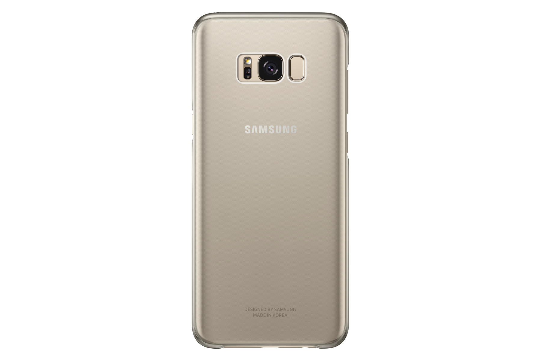 Parte trasera de un teléfono Samsung dorado en una funda transparente.