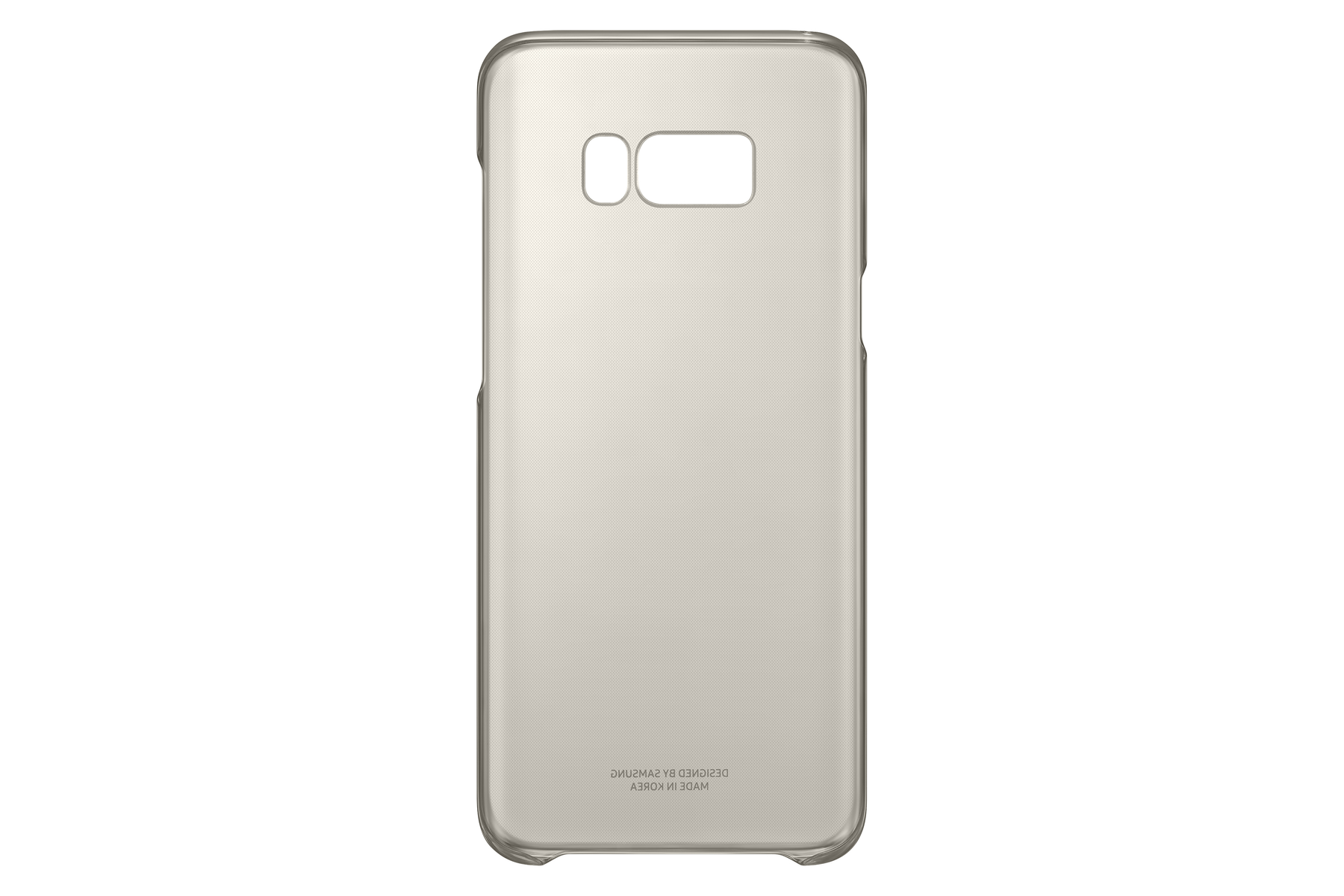 Una funda transparente para teléfono, la parte trasera sobre fondo blanco.