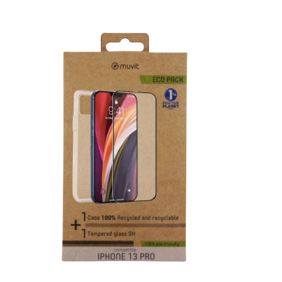 Embalaje de funda de teléfono con teléfono dentro y protector de pantalla de vidrio templado.