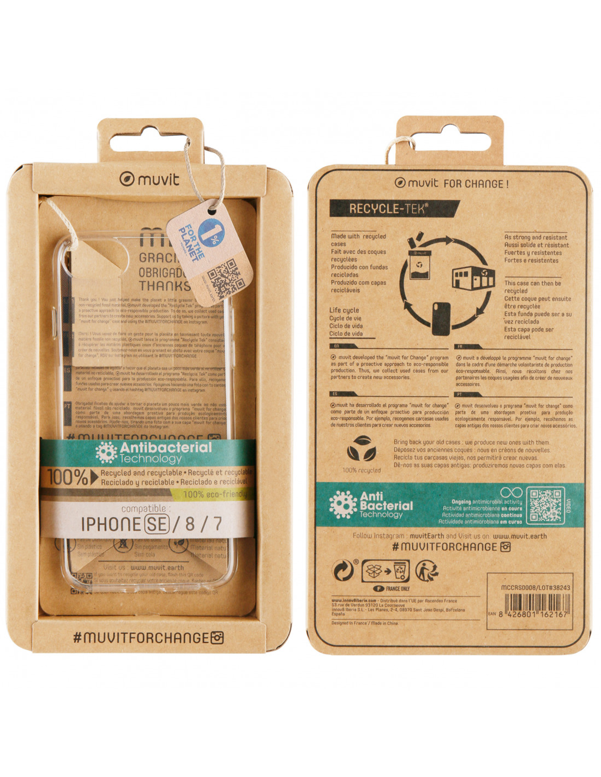Embalaje de dos caras para un iPhone SE. El embalaje es marrón con una funda transparente dentro.