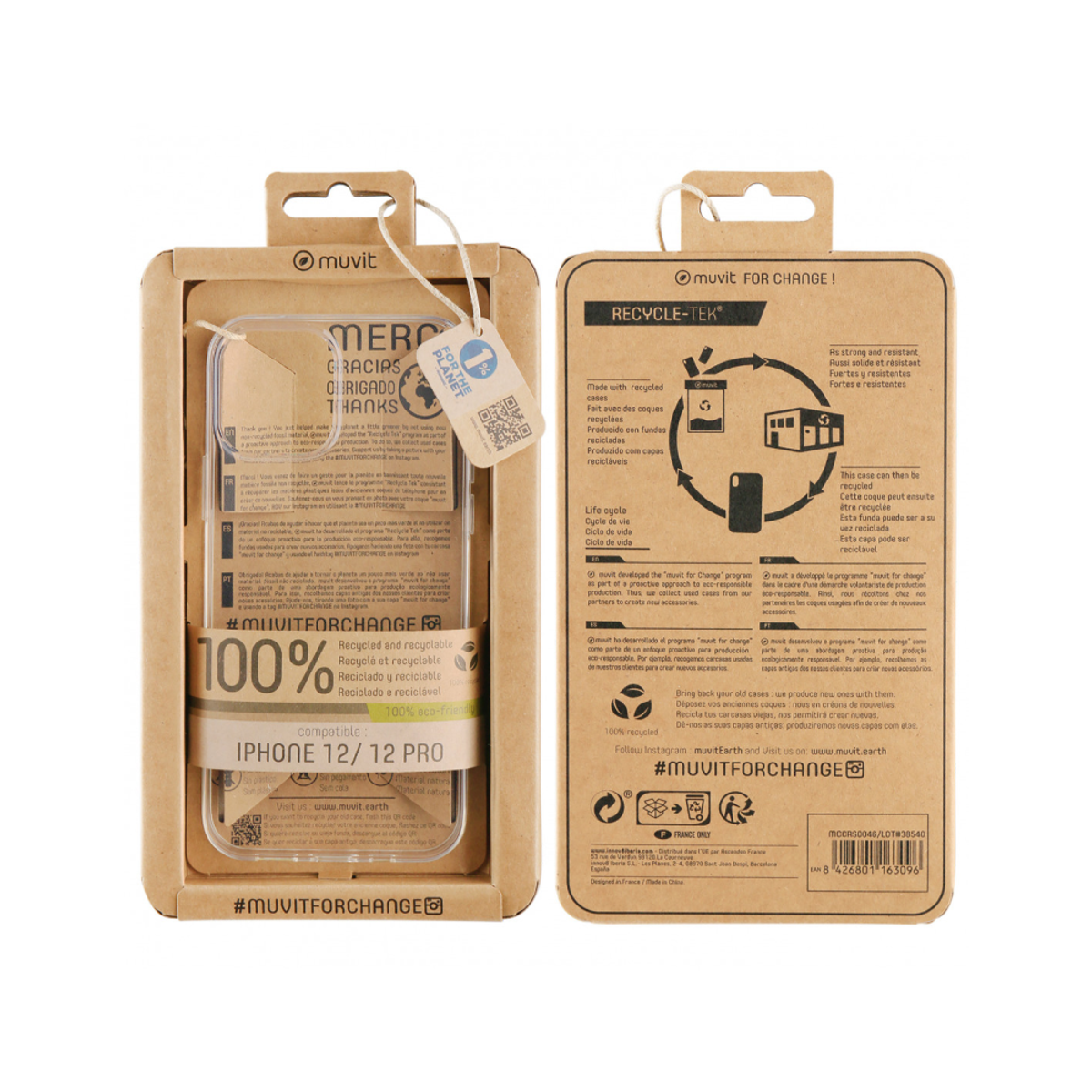 Una funda de teléfono en un paquete de cartón. La funda está diseñada para el iPhone 12/12 Pro. El paquete tiene texto.