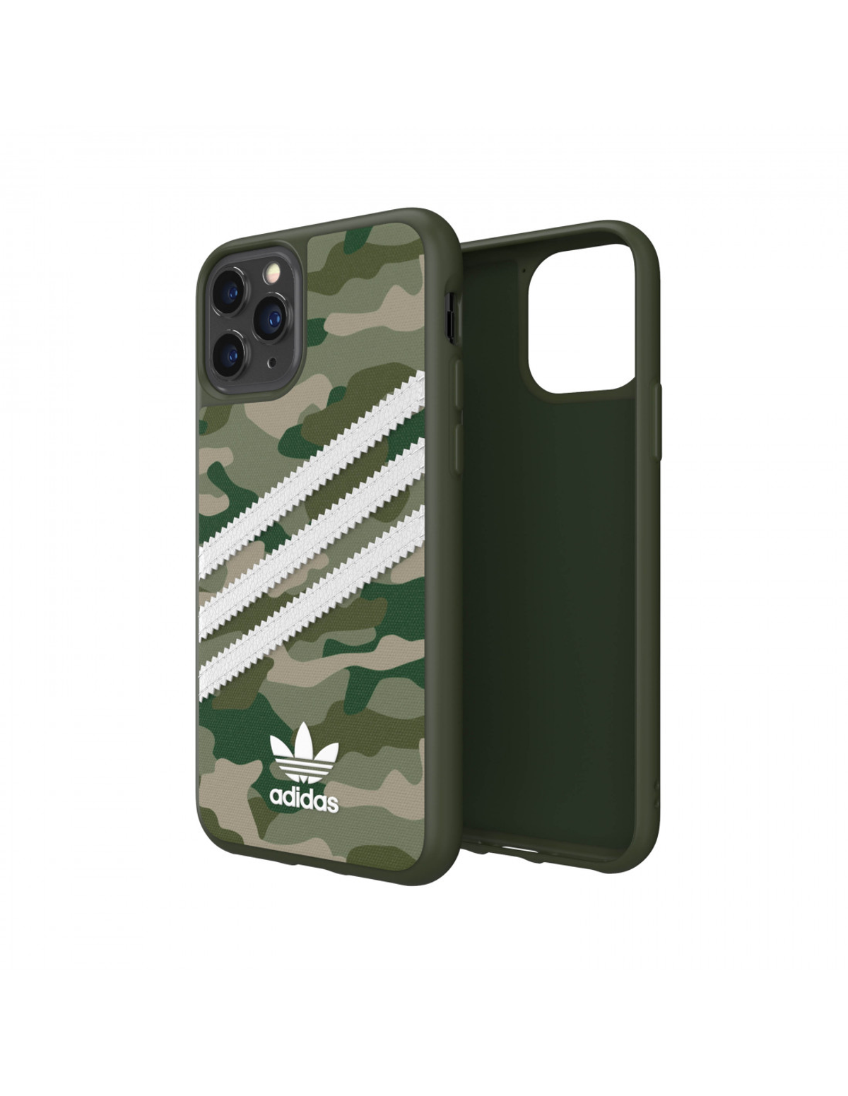 Custodia per telefono Adidas. Fantasia mimetica con strisce bianche e logo a sinistra. Sfondo verde.