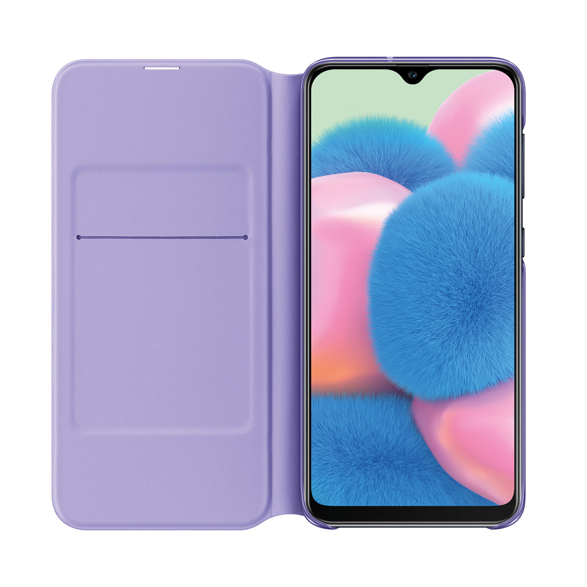 Una custodia per telefono con una cover viola aperta su un telefono. Il telefono è rosa, blu e viola.