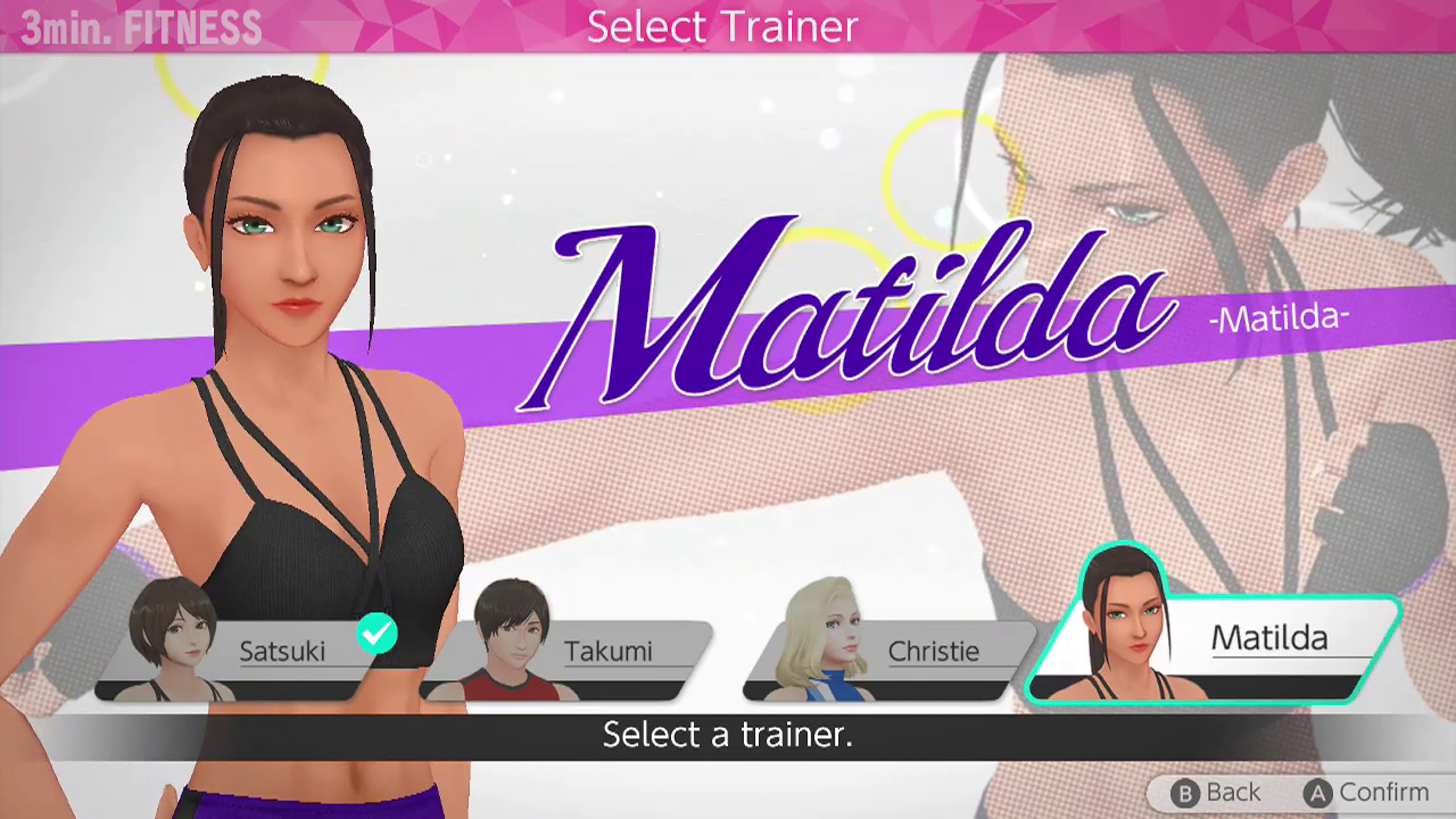 Spielbildschirm mit Trainerin Matilda und Optionen für andere Trainer.