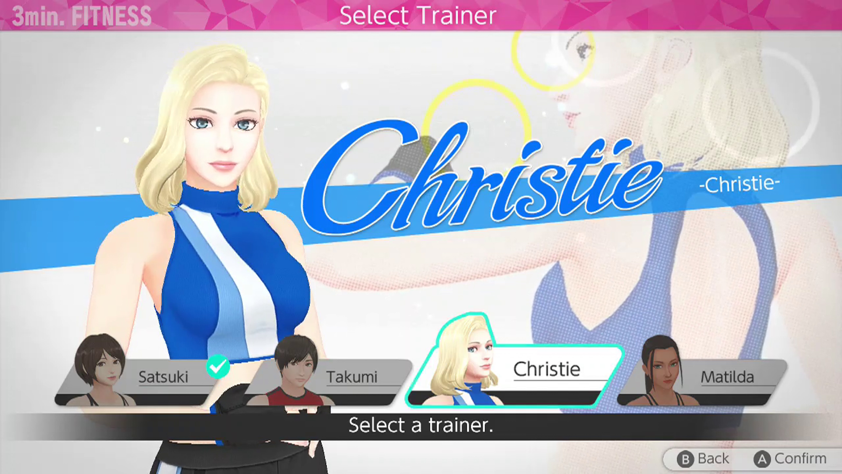 Ein Videospielmenü mit Charakteren: Satsuki, Takumi, Christie und Matilda.