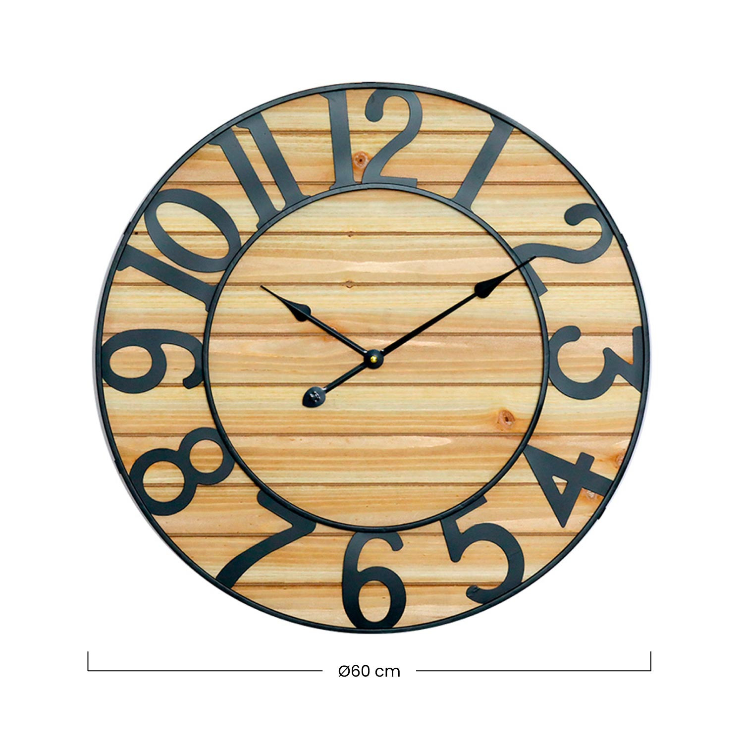 Reloj de madera redondo con números y manecillas negras. El diámetro es de 60 cm.