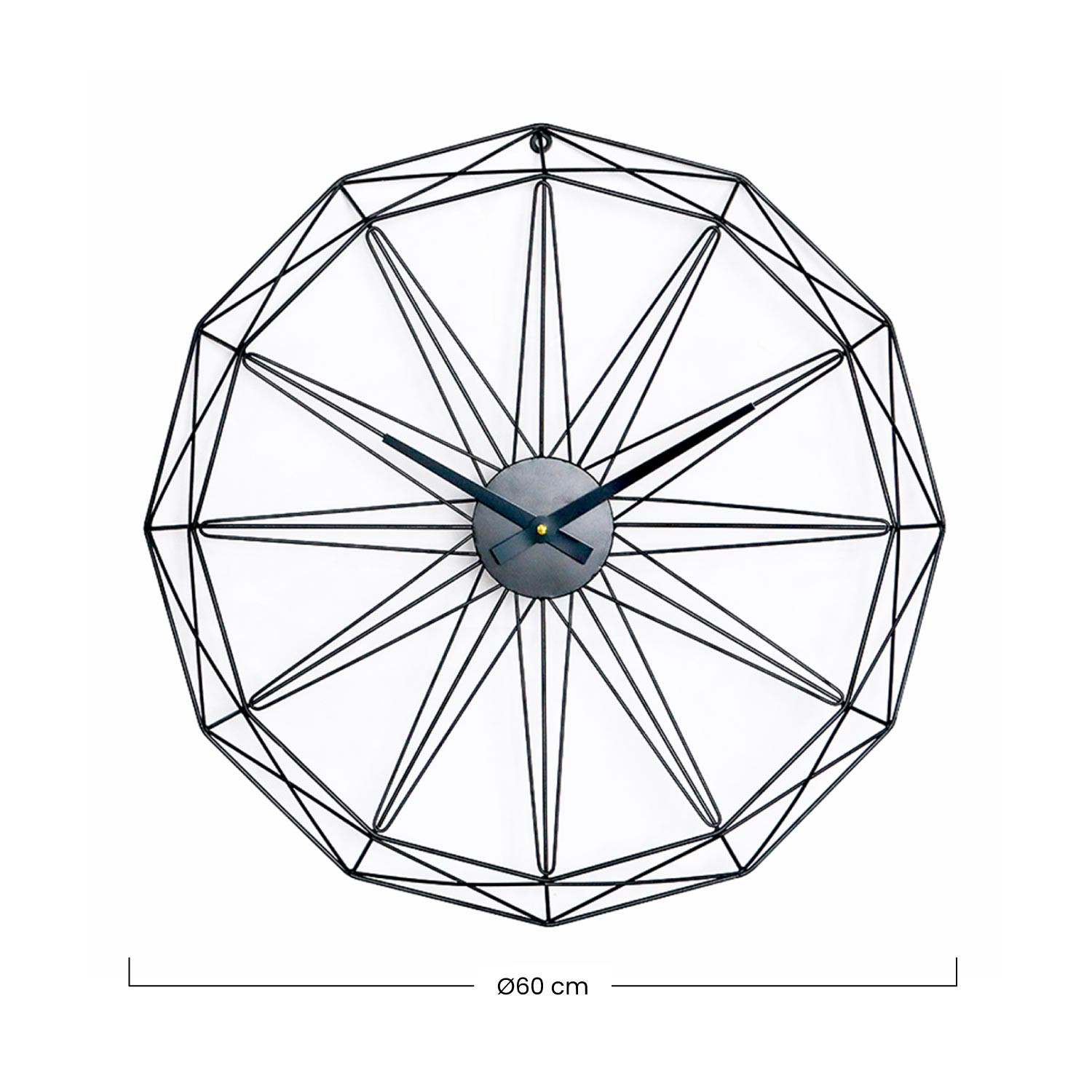 Reloj de alambre de metal negro. Las manecillas del reloj son negras.