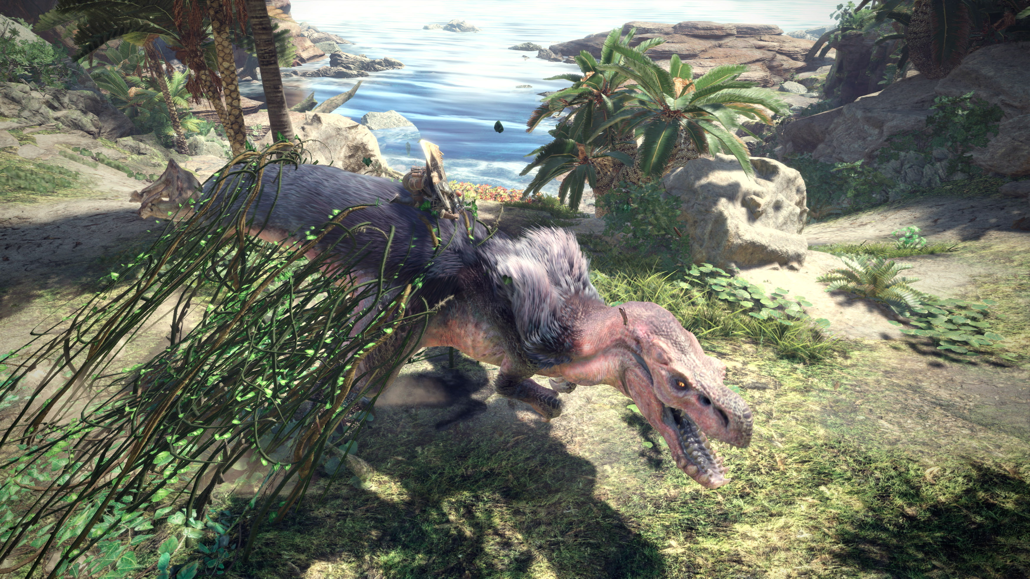 Eine dinosaurierartige Kreatur in einer grünen Umgebung mit Wasser und Pflanzen.