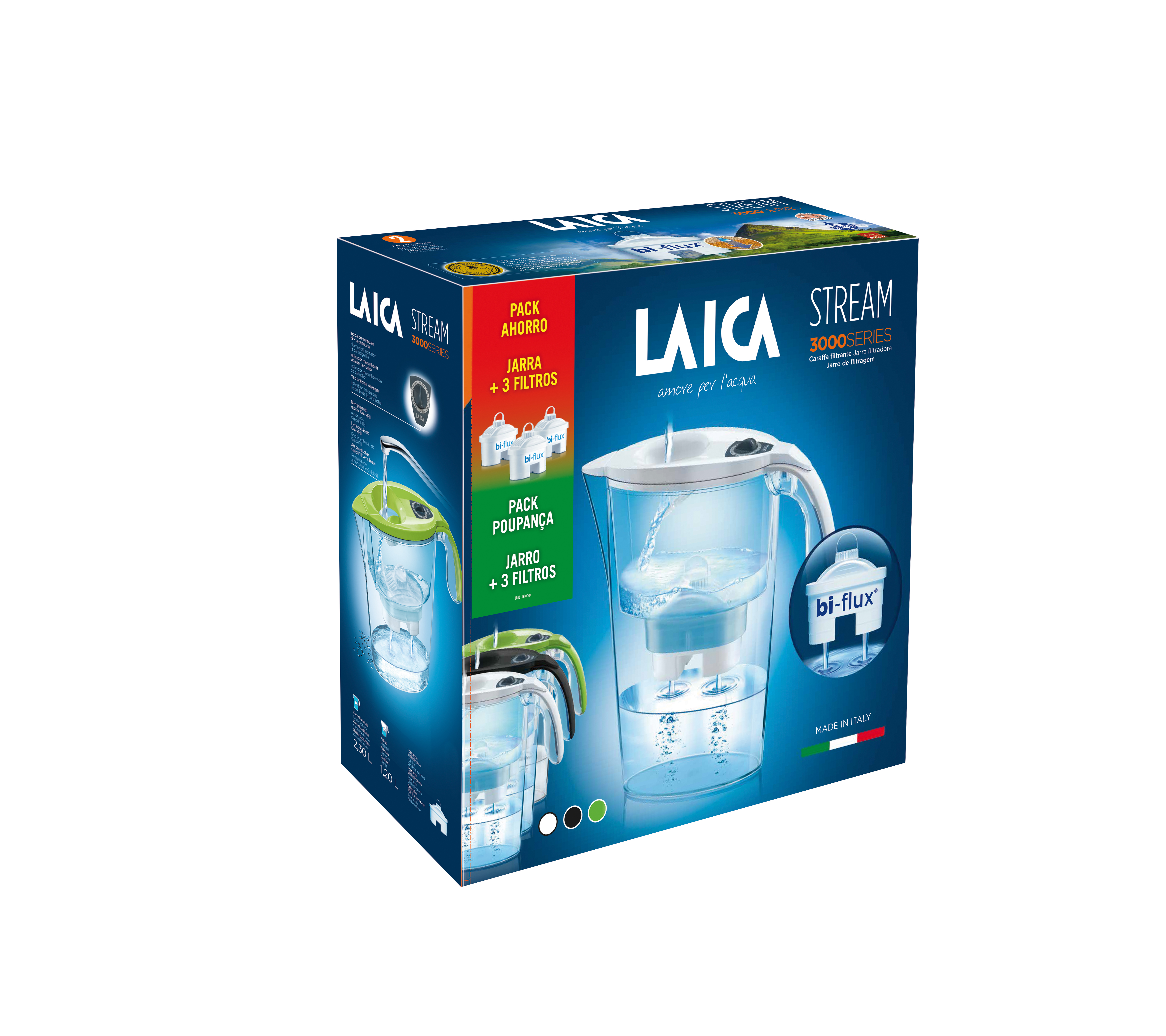 Pudełko z filtrem do wody z filtrem i dzbankiem na wodę, na białym tle.