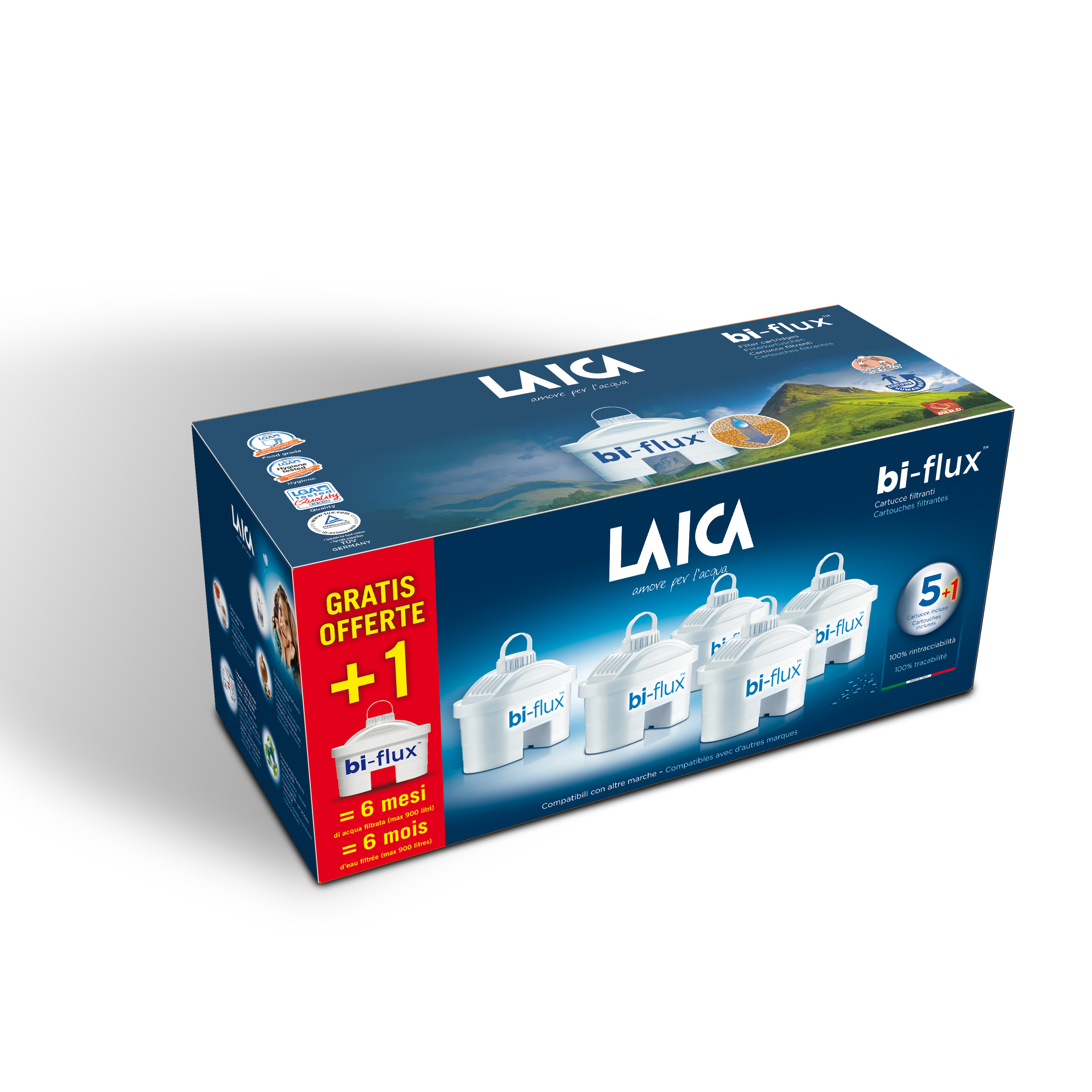 Pack 6 Filtros 5+1 biflux que mejoran el sabor del agua reducen cal y cloro compatibles con las jarras laica brita entre otras. cada dura 150 litros 1 la264