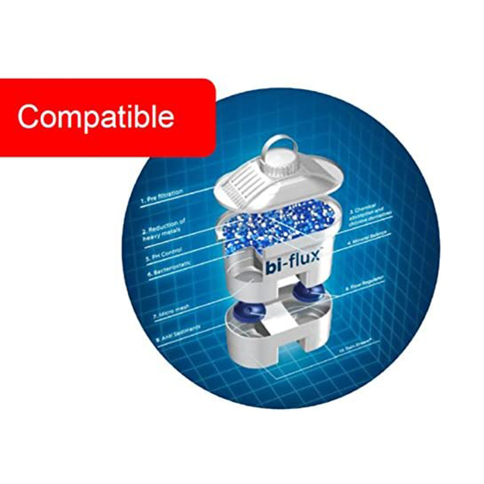 Filtro para la purificación del agua. Contiene cuentas azules y tiene una parte superior e inferior blancas.