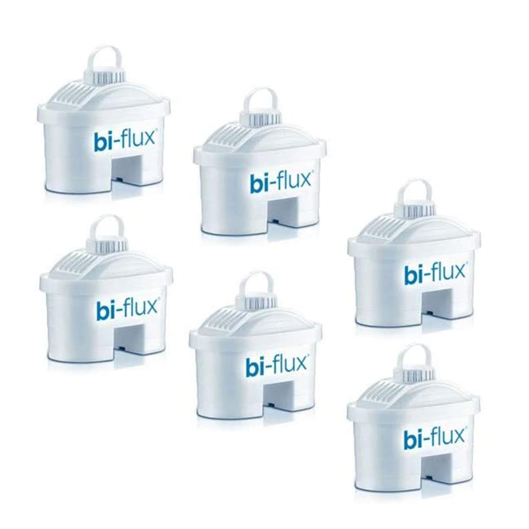 Sześć białych wkładów filtra wody z etykietami 'bi-flux', ułożonych na białym tle.