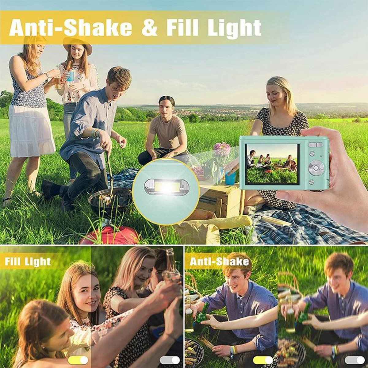 Ludzie robią zdjęcia zielonym aparatem. Obraz pokazuje funkcje anty-wstrząsowe i doświetlania.