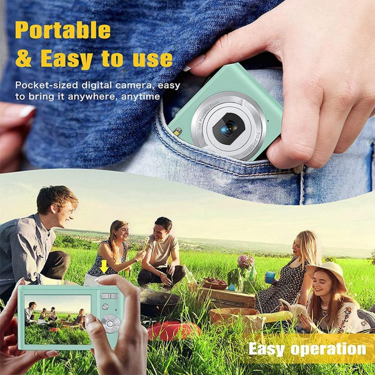 Osoba trzyma miętową zieloną kamerę, z innymi w tle w parku.