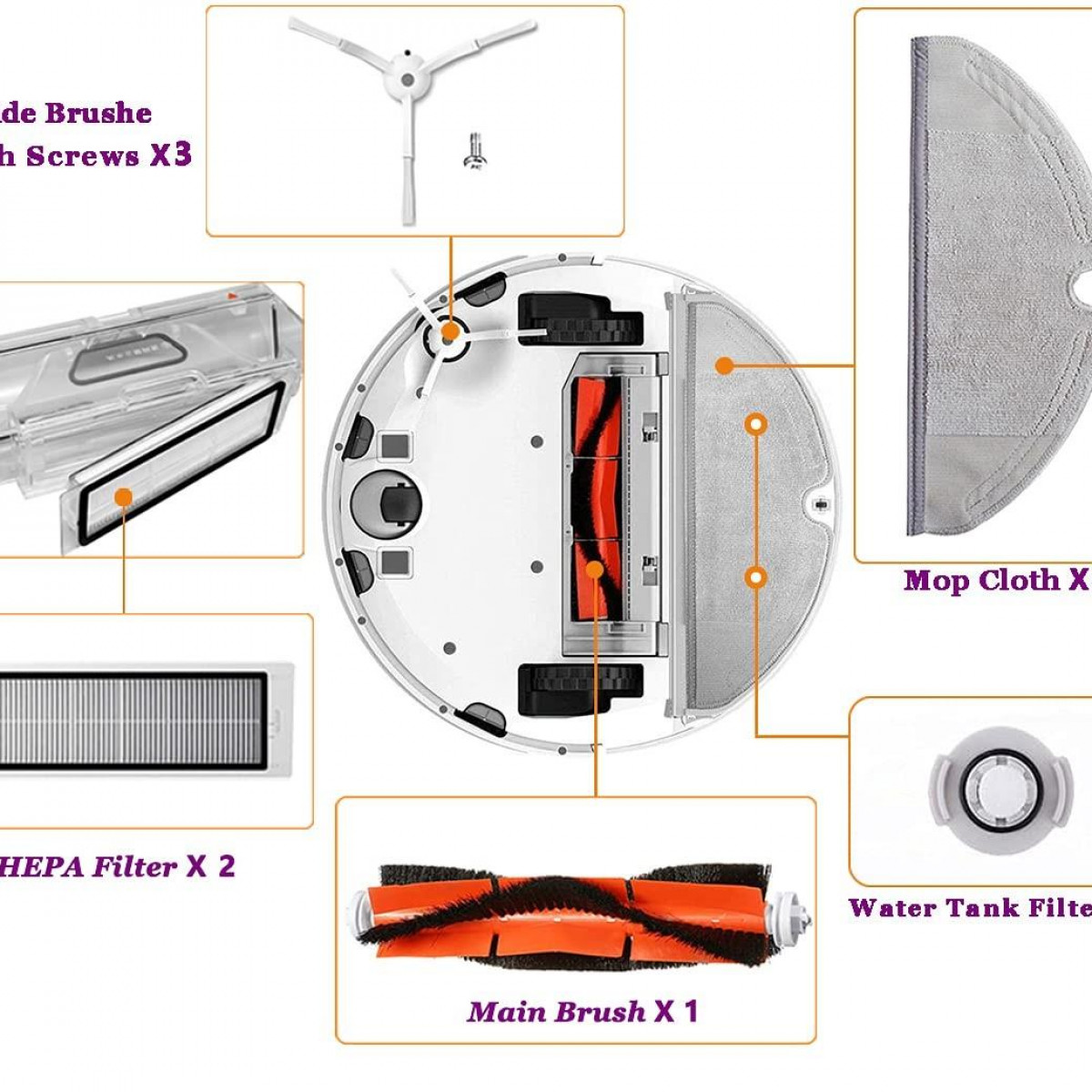 Części robota sprzątającego: szczotki, filtry i ściereczka do mopa na białej powierzchni.