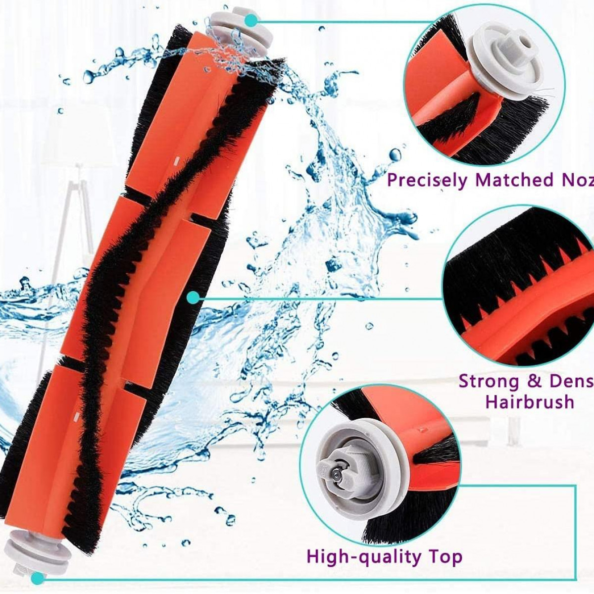 Zbliżenie szczotki rolkowej odkurzacza z pomarańczowymi i czarnymi włoskami.