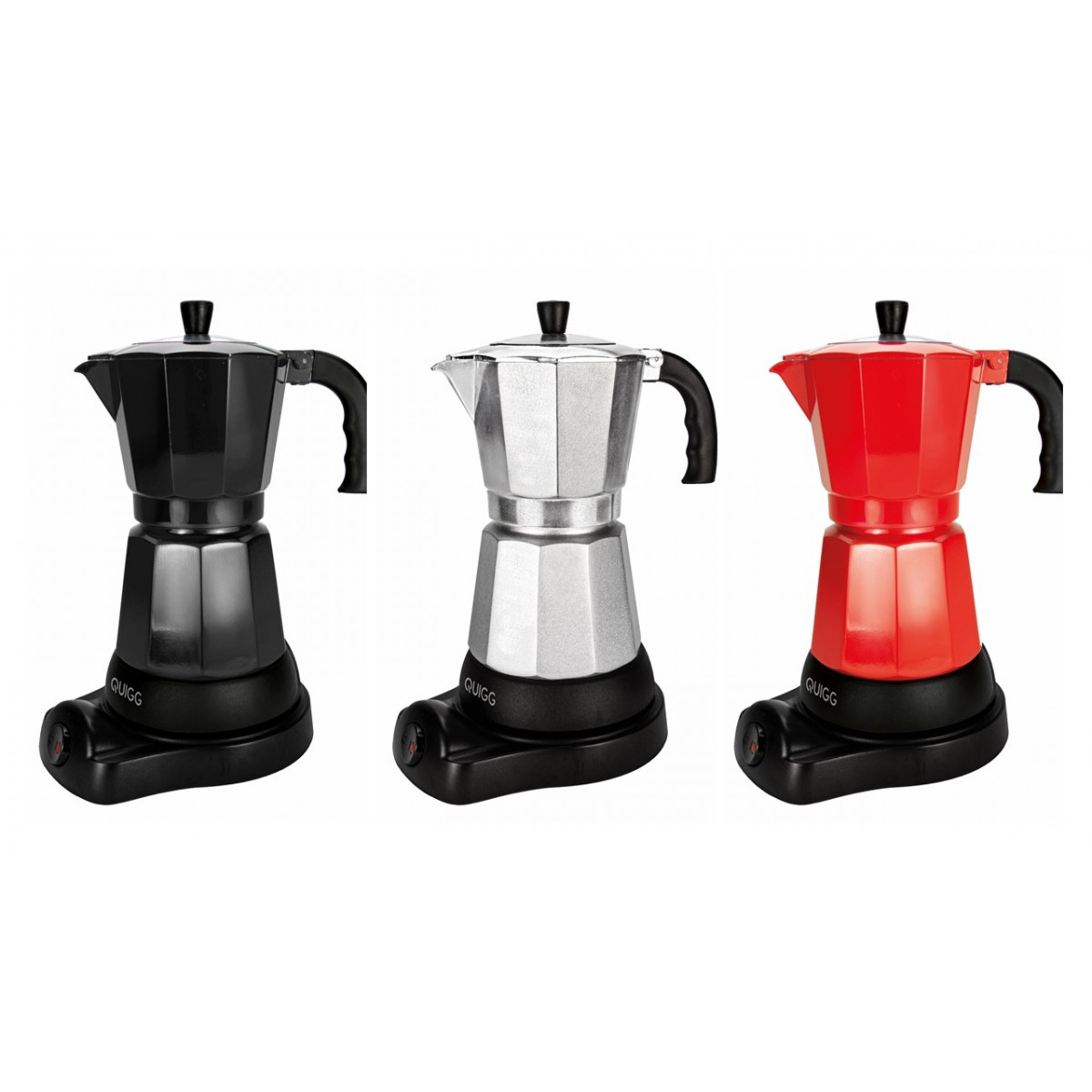 Tres cafeteras eléctricas. Negro, plateado y rojo, con asas y base negras.