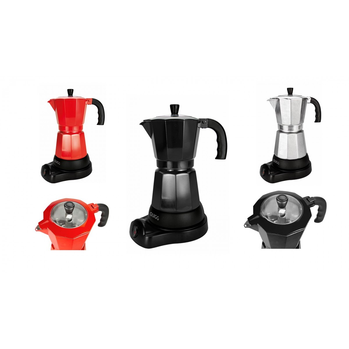 Cafeteras en rojo, negro y plateado. Las rojas y negras están sobre bases negras.