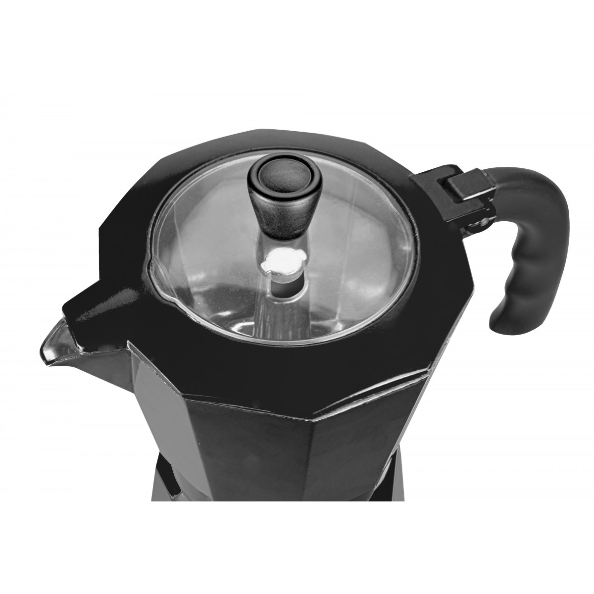 Una cafetera Moka negra sobre un fondo blanco, vista superior.