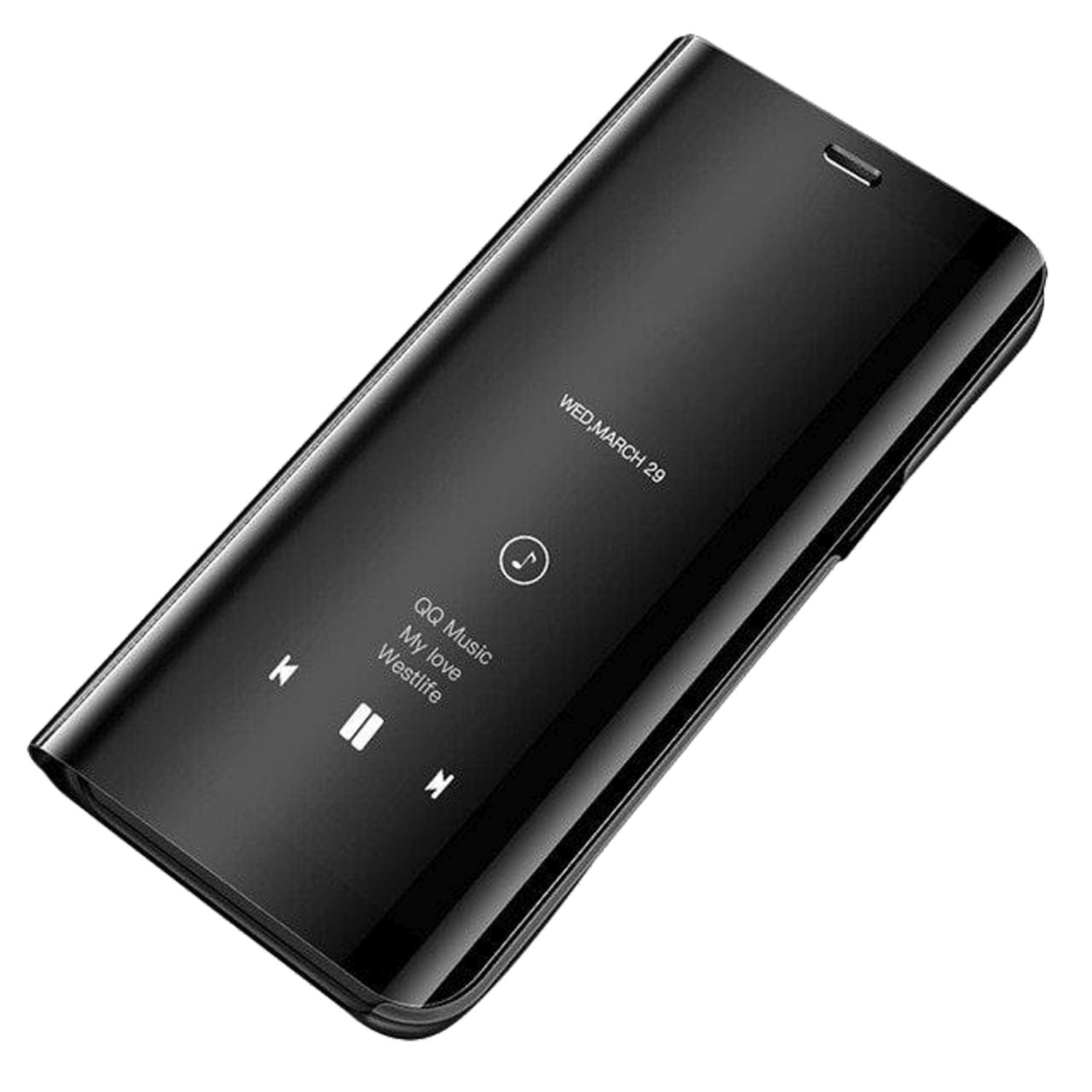 Una custodia per telefono nera con uno schermo che mostra controlli musicali e la data.