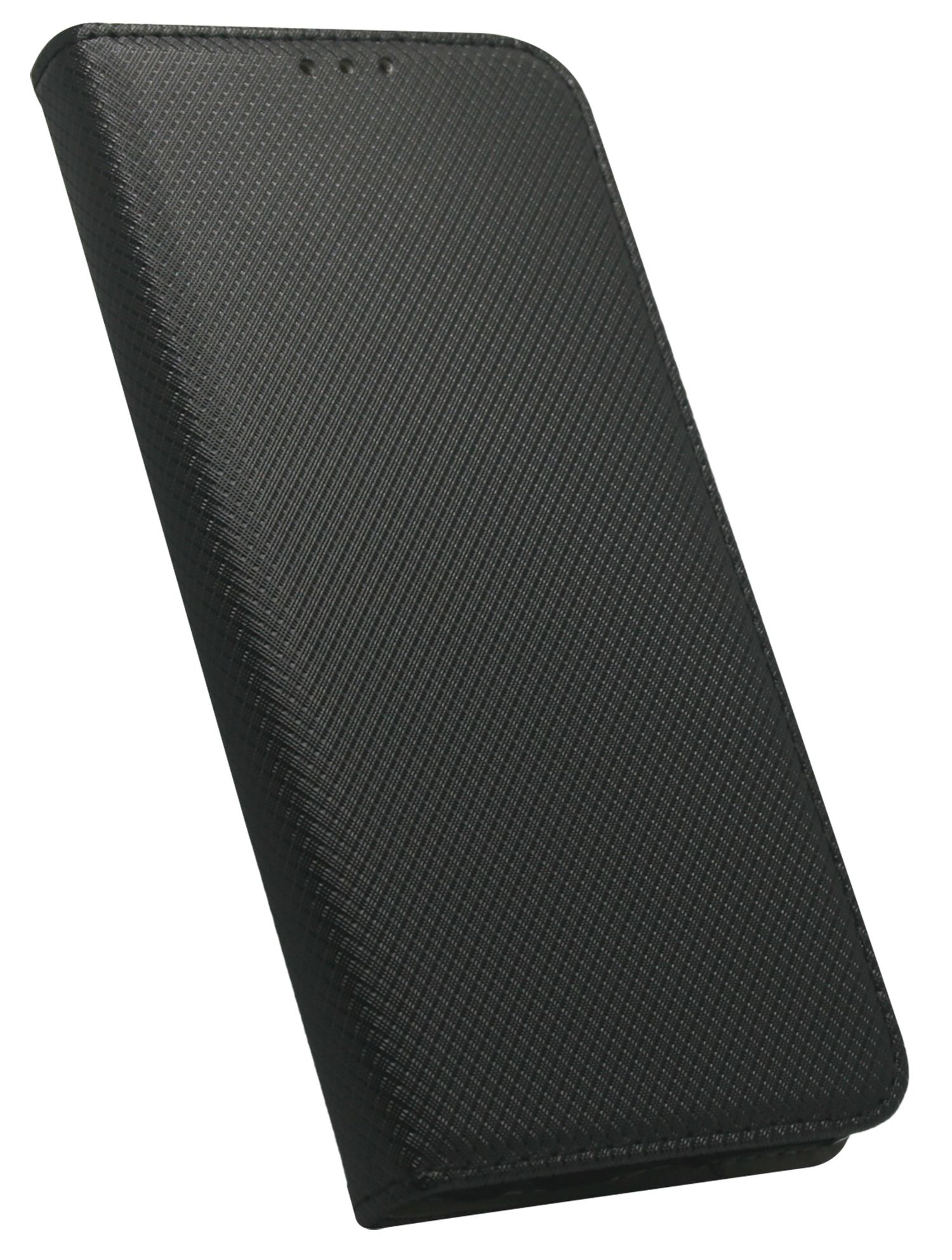 Custodia per telefono nera, chiusa, con linee diagonali strutturate.