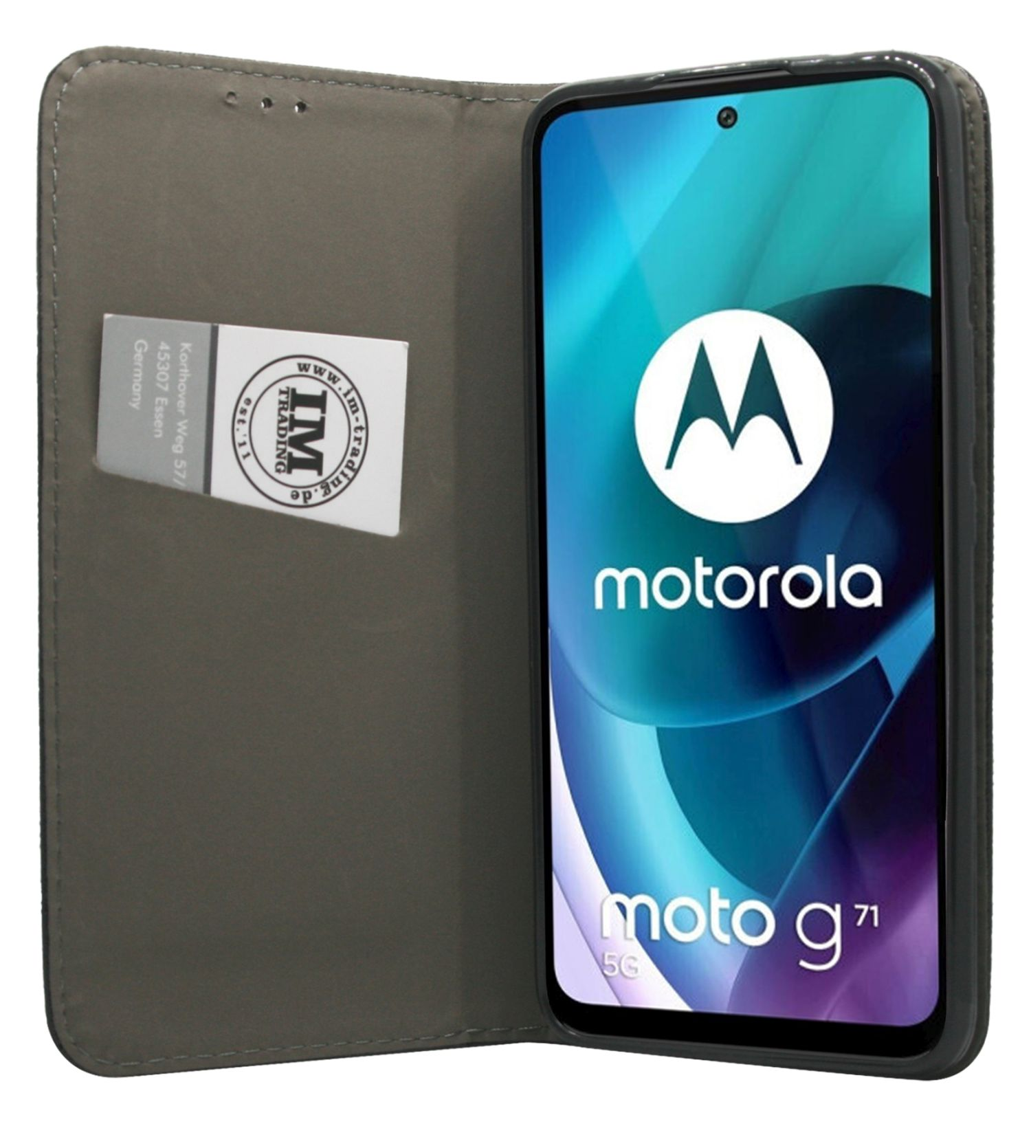 Un telefono Motorola in una custodia. Il telefono è nero e mostra il logo Motorola.