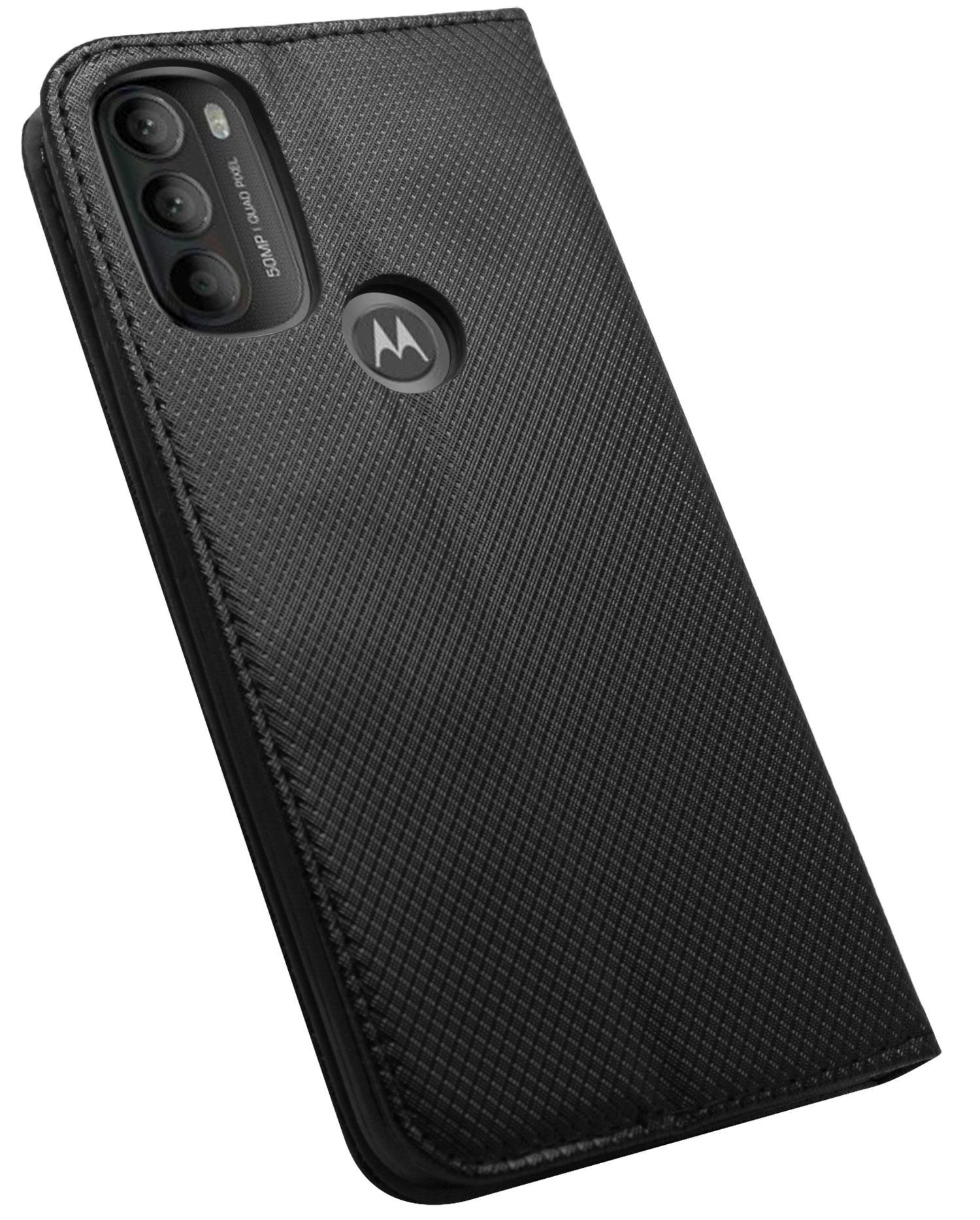 Una custodia nera con texture nera e logo Motorola. È una custodia a portafoglio, parzialmente aperta.