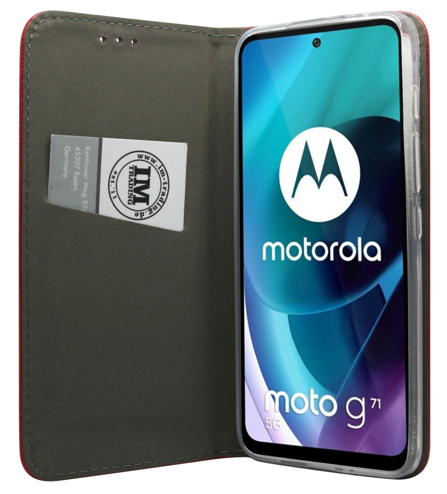 Custodia rossa per telefono con fessura per carta di credito, aperta per mostrare un telefono Motorola.